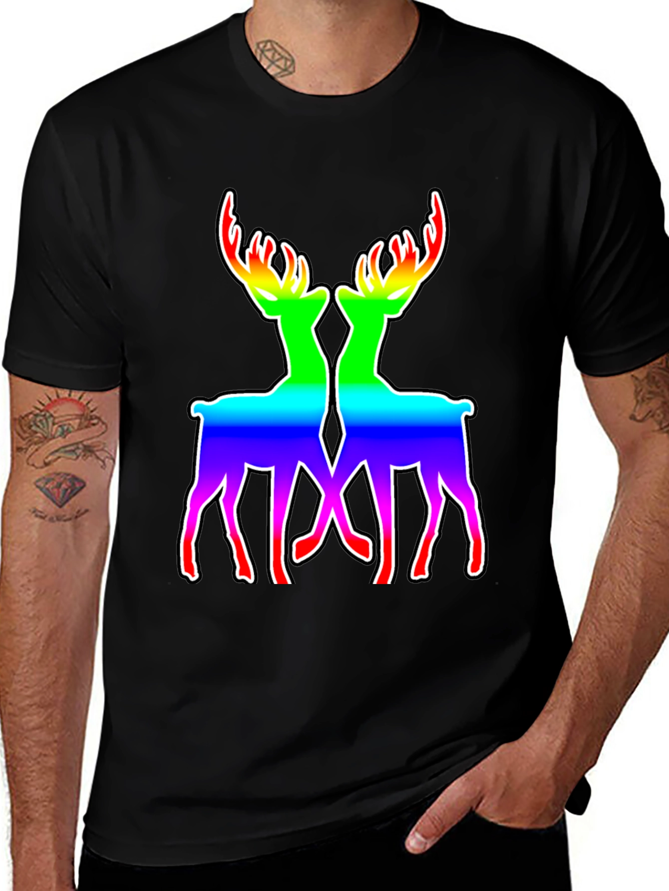 Variant 20 of Rainbow Deer Graphic Tee - Black Cotton Blend T-Shirt