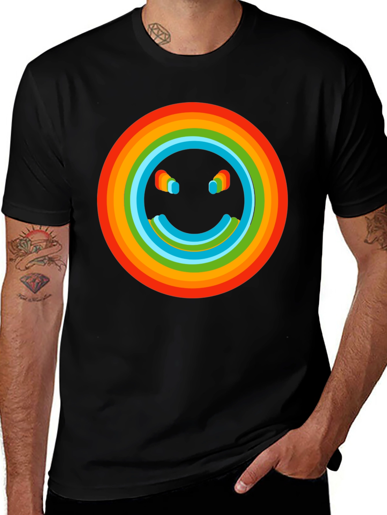 Variant 30 of Retro Rainbow Smiley Face Graphic Tee - Black Cotton T-Shirt