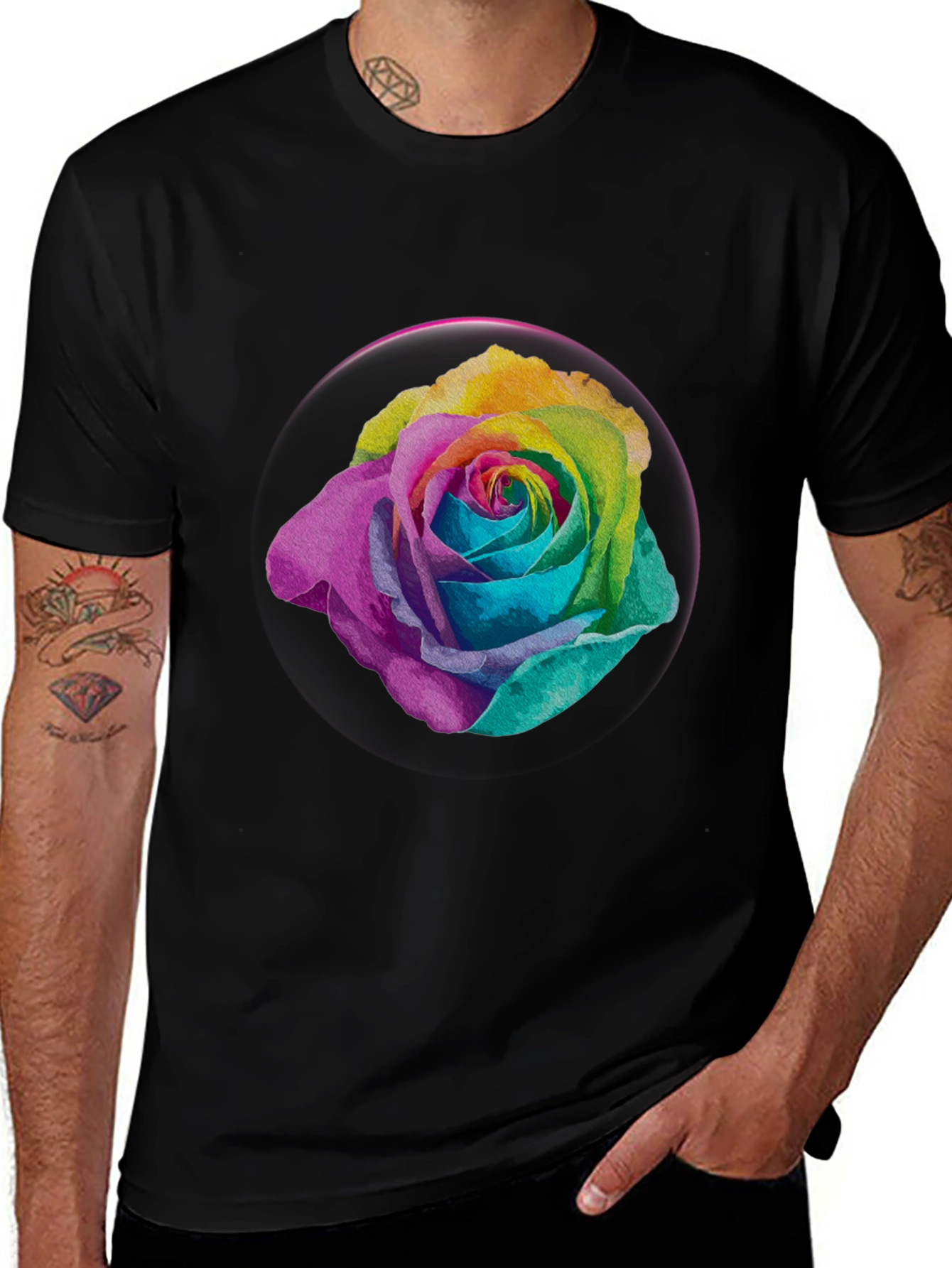 Variant 13 of Rainbow Rose Graphic Tee - Stylish Men's Black T-Shirt