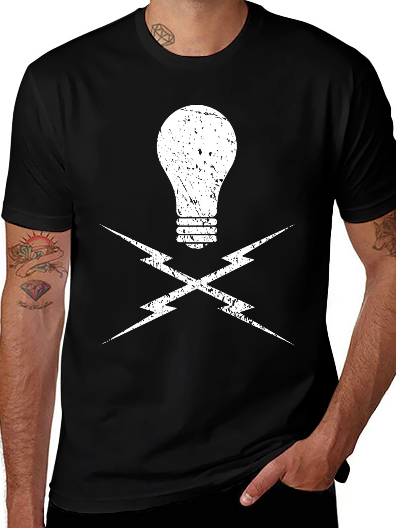 Variant 7 of Electrician Light Bulb and Lightning Bolt Black T-Shirt