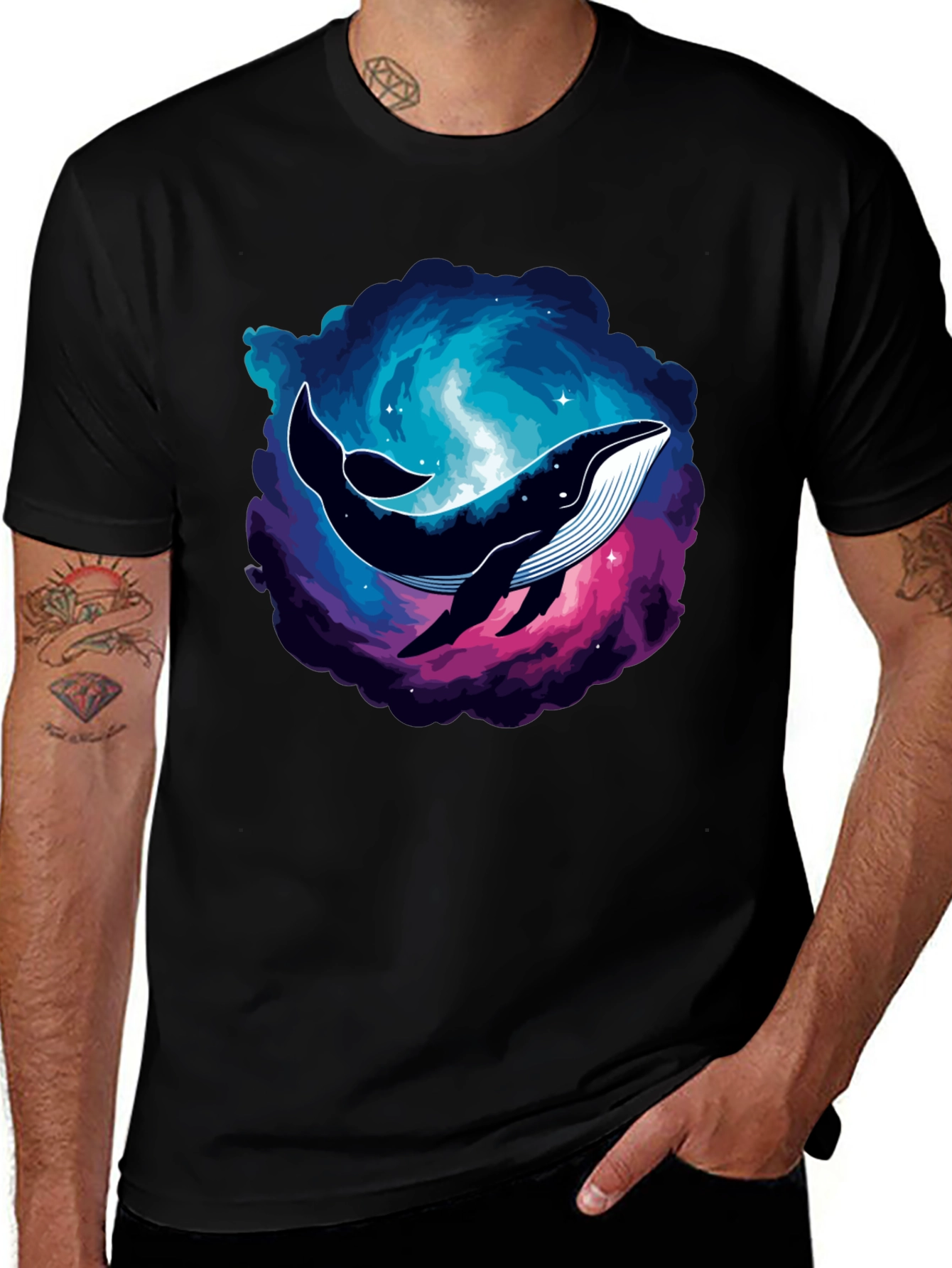 Variant 13 of Cosmic Whale Graphic Tee - Black Cotton T-Shirt