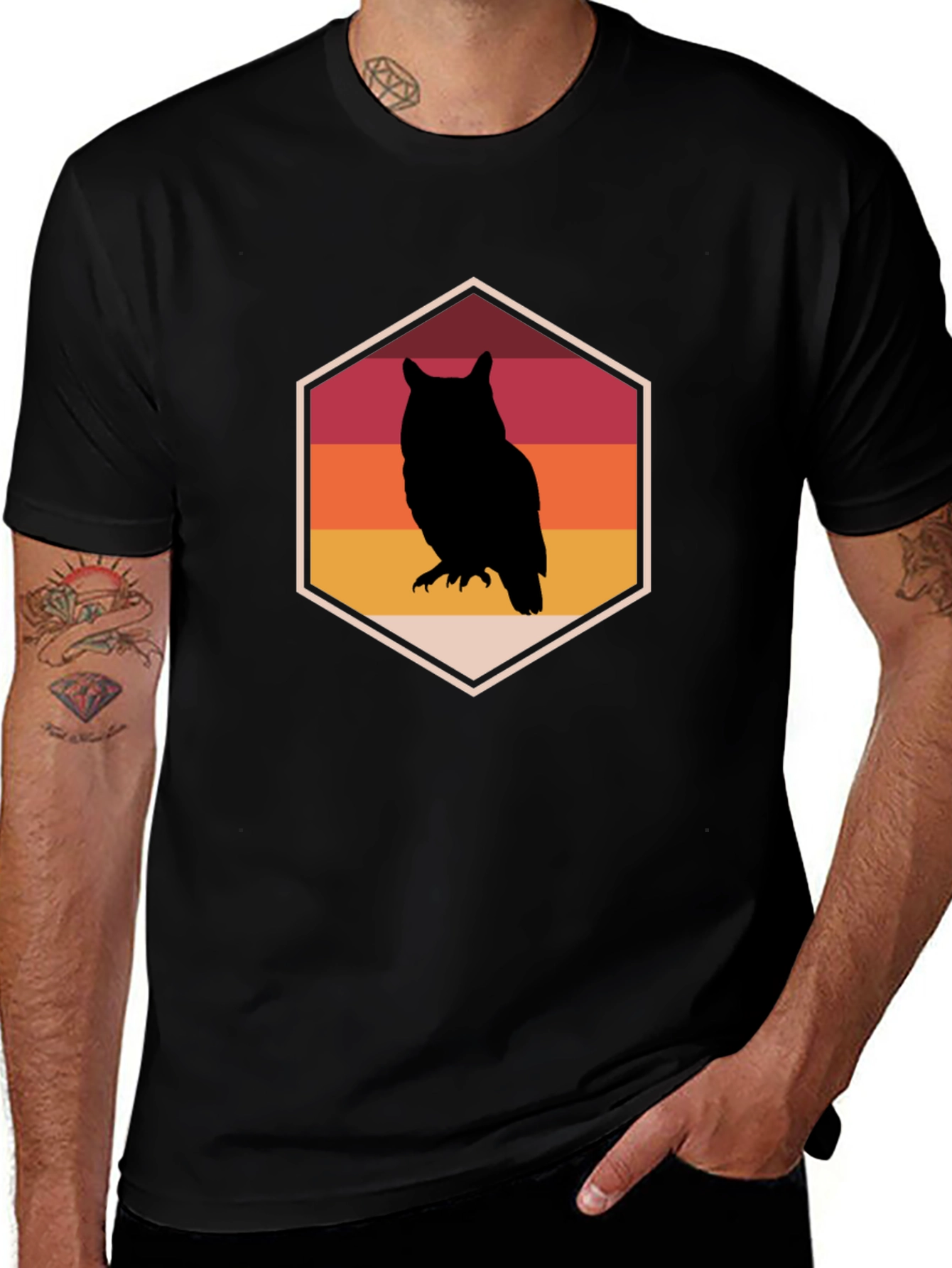 Variant 24 of Retro Owl Graphic Tee - Men's Black T-Shirt