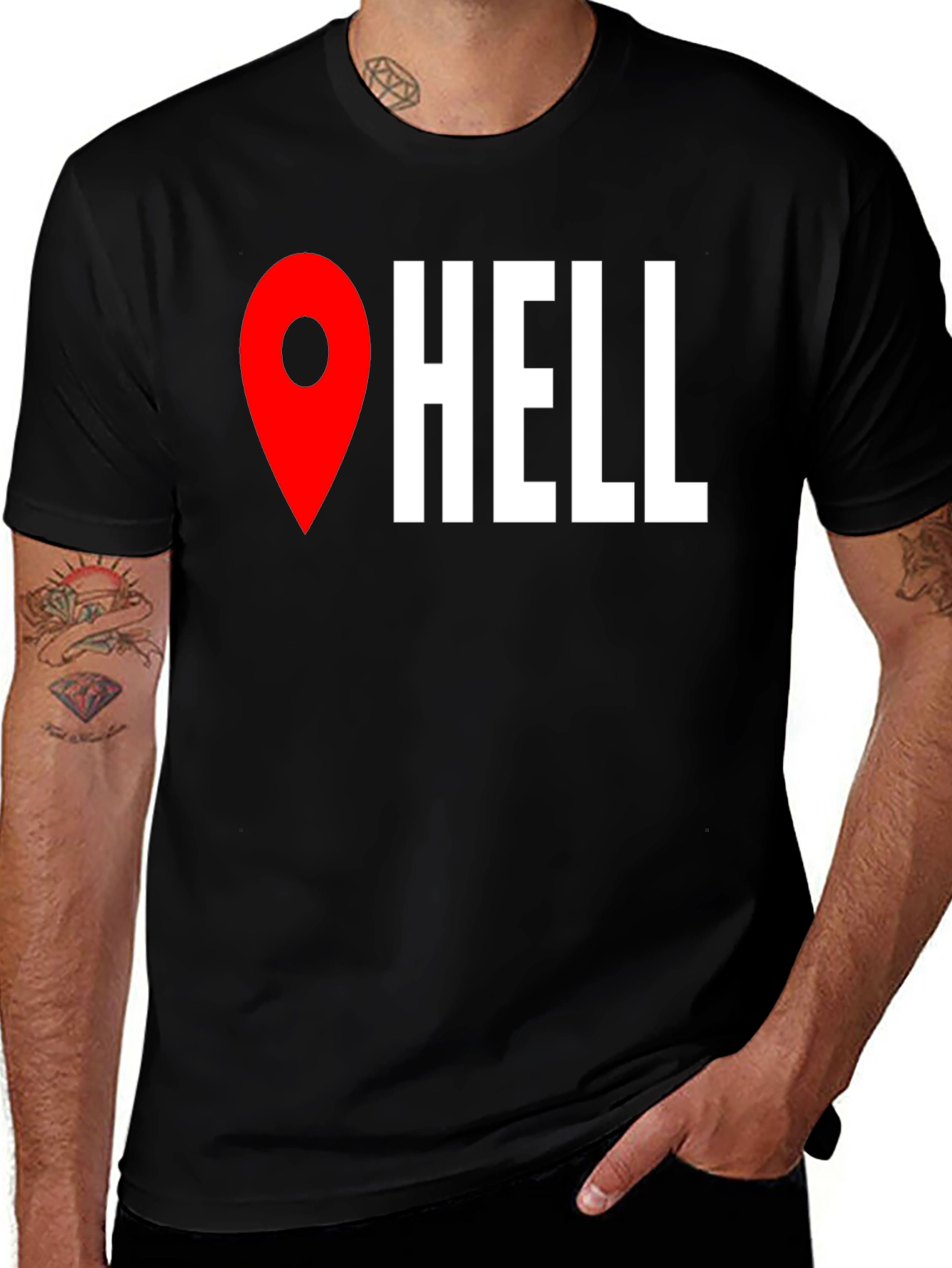 Black Funny Hell Location Pin T-Shirt main image