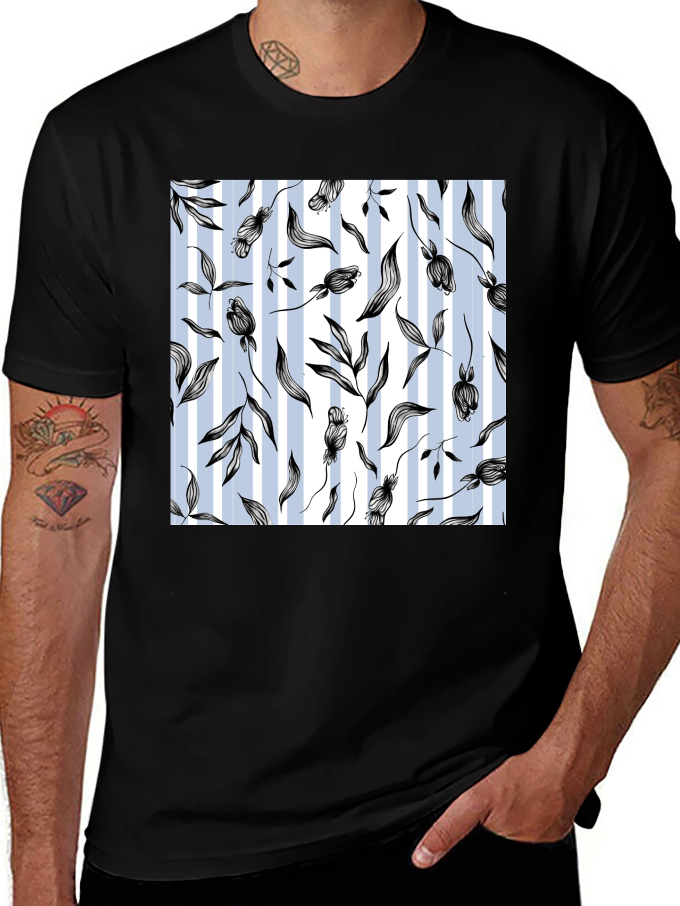 Variant 20 of Floral Striped Print Black T-Shirt