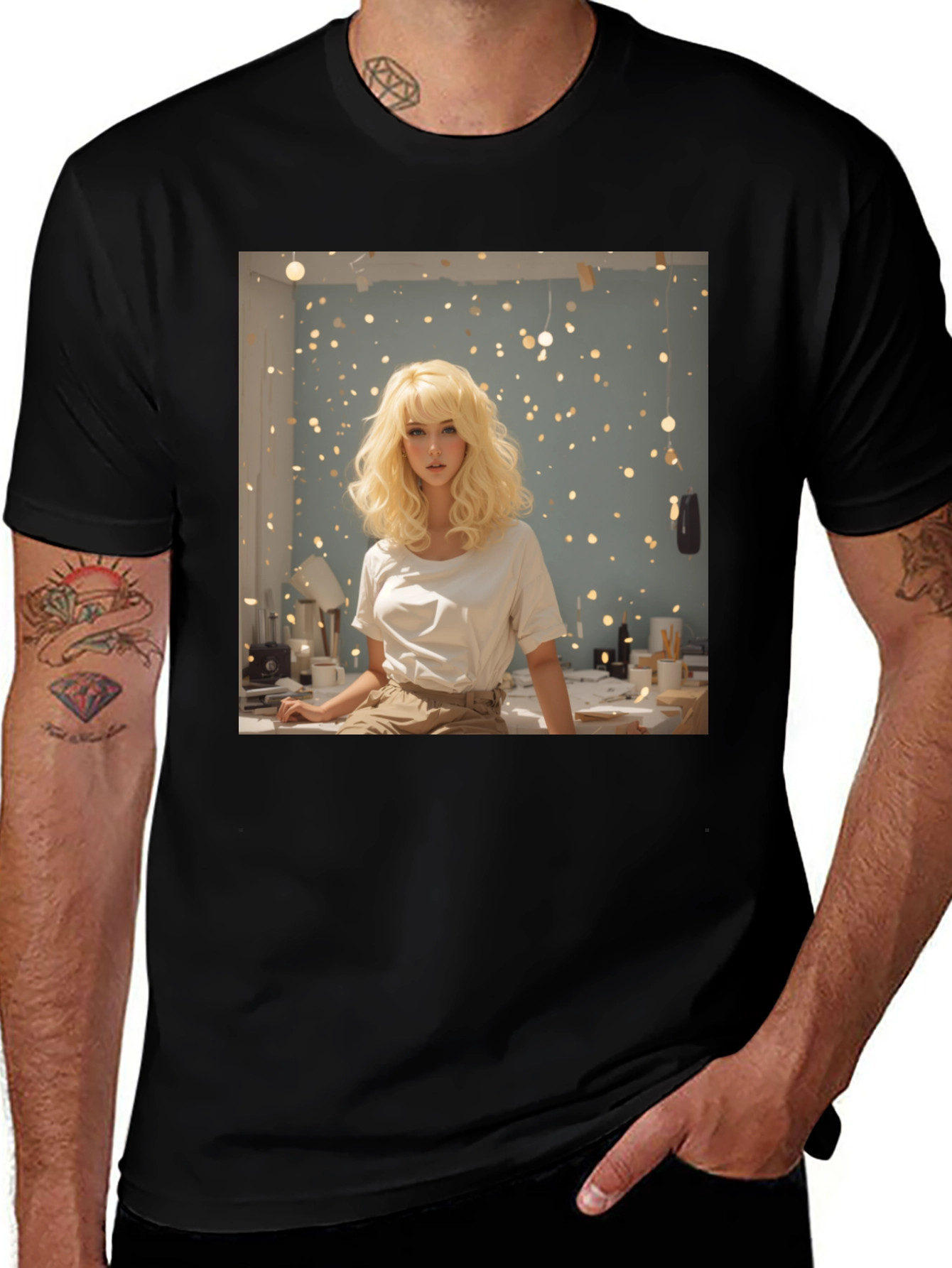 Variant 15 of Trendy Graphic Tee: Blonde Woman in Confetti Room