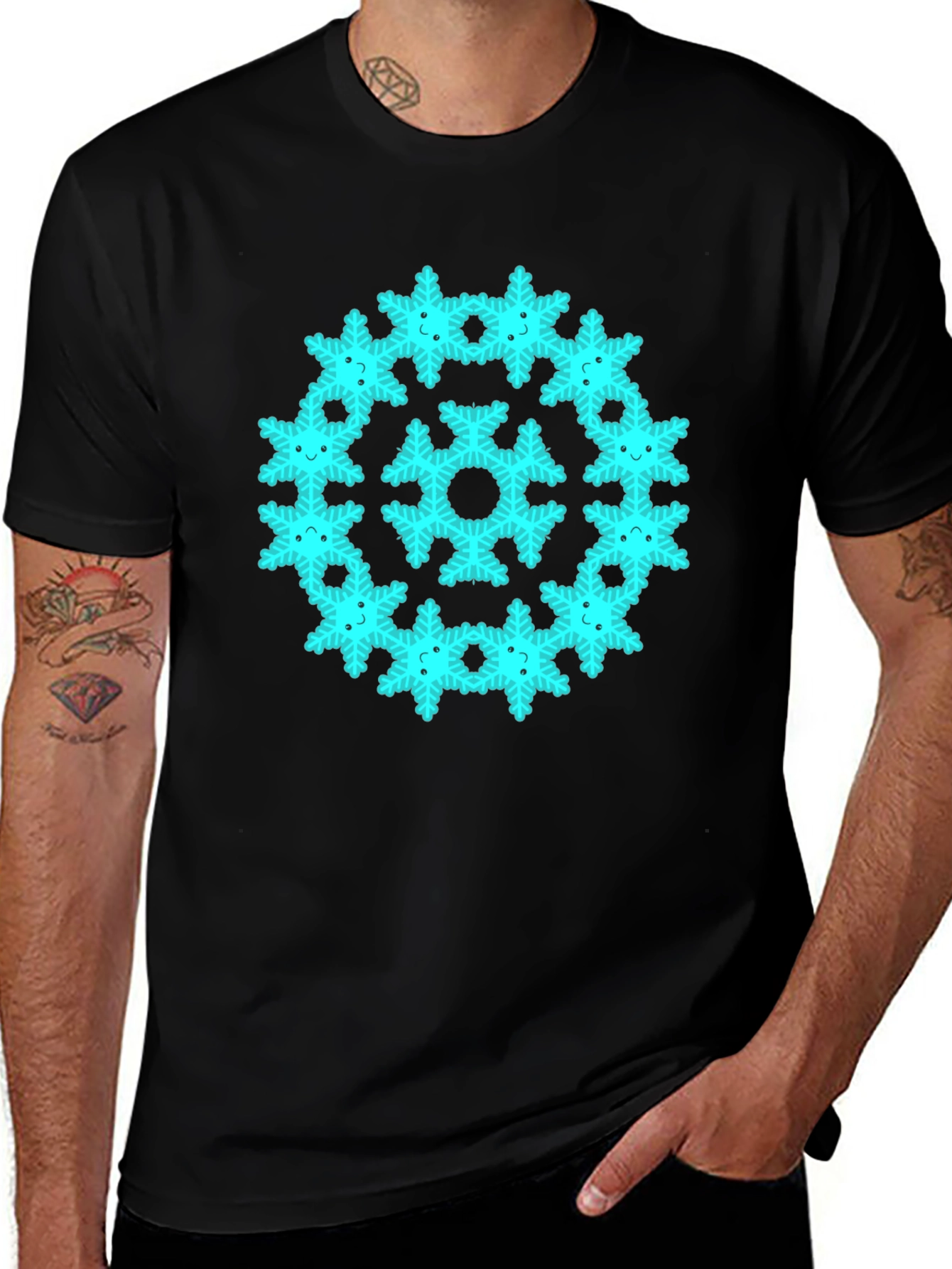 Variant 22 of Snowflake Smile Graphic T-Shirt - Black Cotton Blend