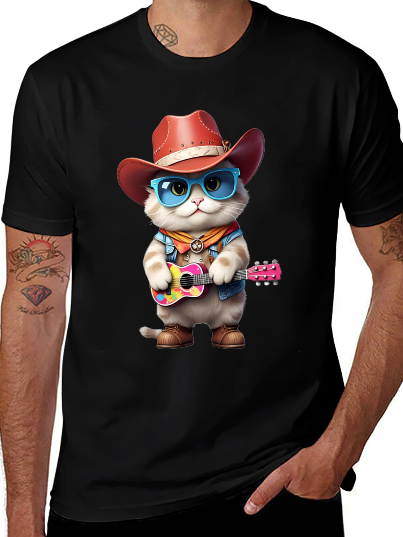 Black Cat Cowboy Guitar T-Shirt main image