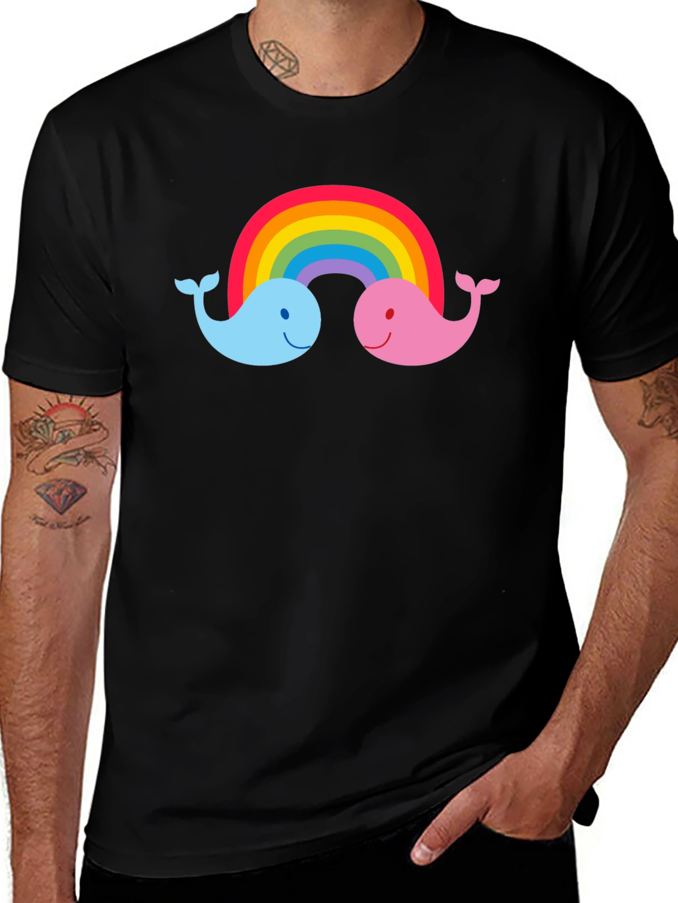 Variant 14 of Rainbow Whale Graphic Tee - Black Cotton T-Shirt