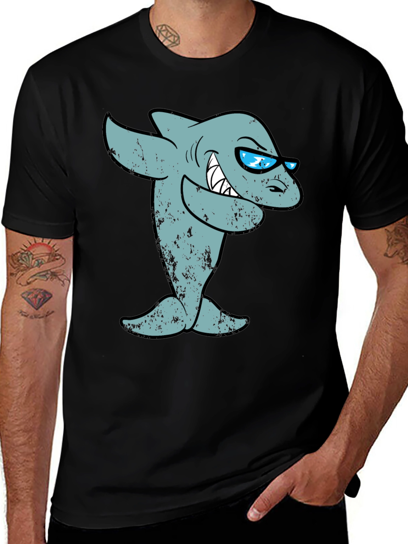 Variant 28 of Cool Cartoon Shark Graphic Tee - Black Cotton T-Shirt