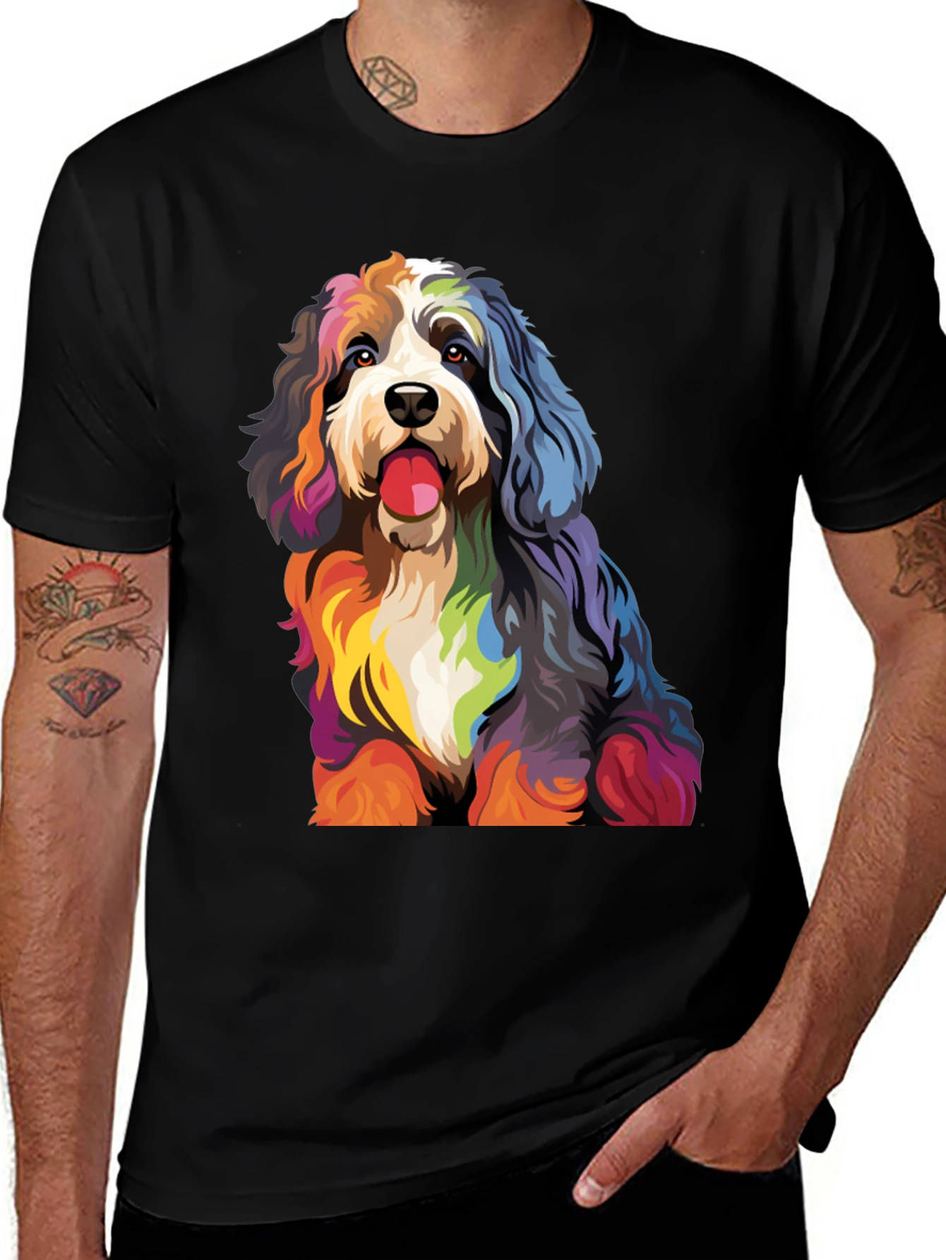 Variant 8 of Rainbow Dog Graphic Tee - Black Cotton T-Shirt