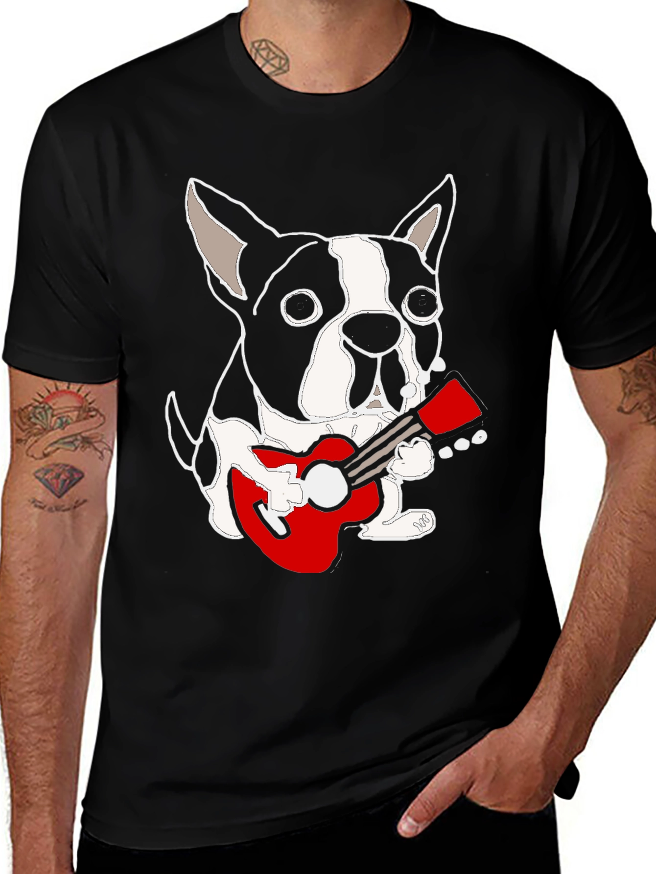 Variant 9 of Dog Playing Guitar Graphic Tee - Black Cotton Casual T-Shirt