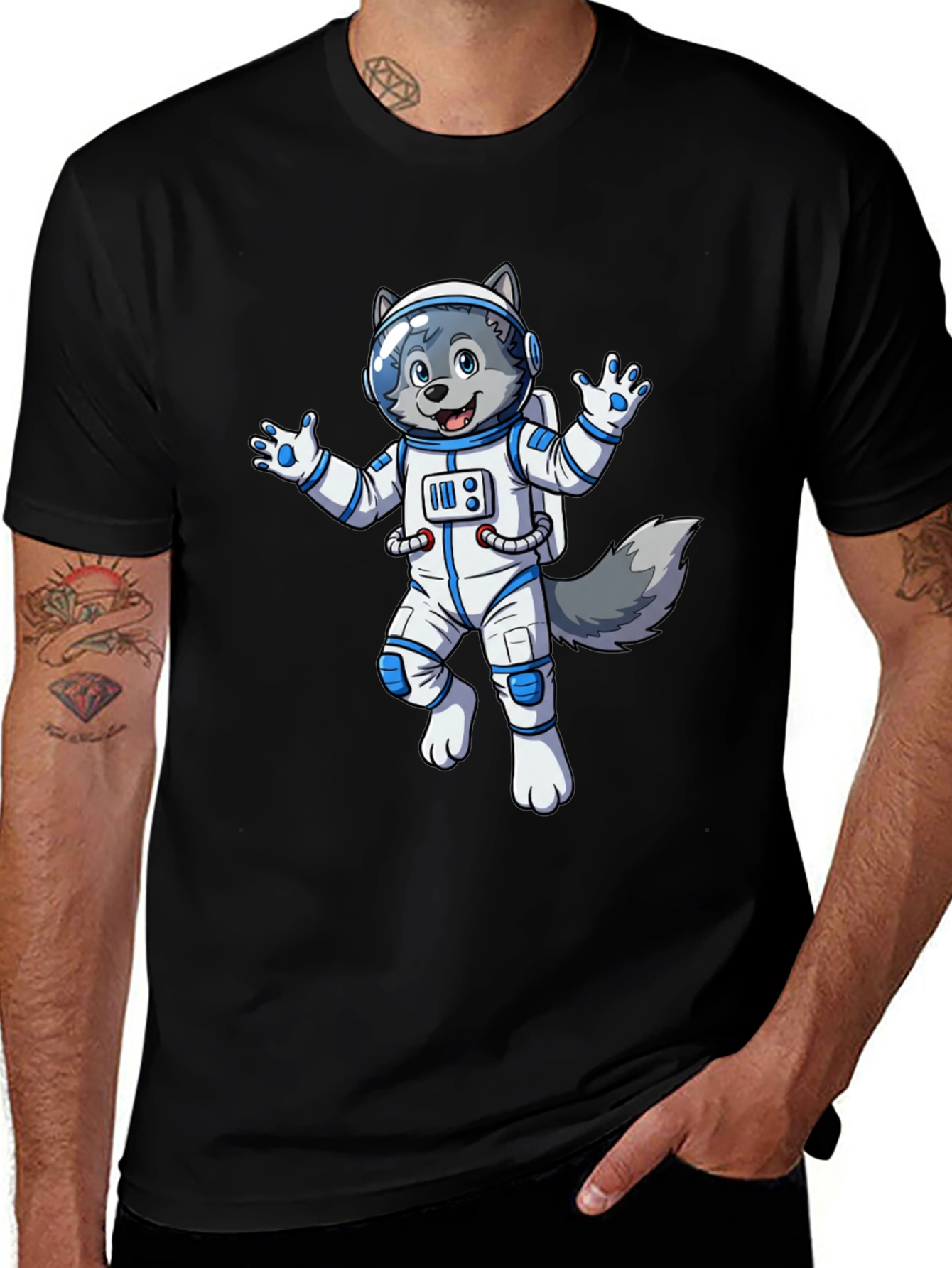 Variant 13 of Astronaut Wolf Graphic Tee - Black Crewneck Shirt
