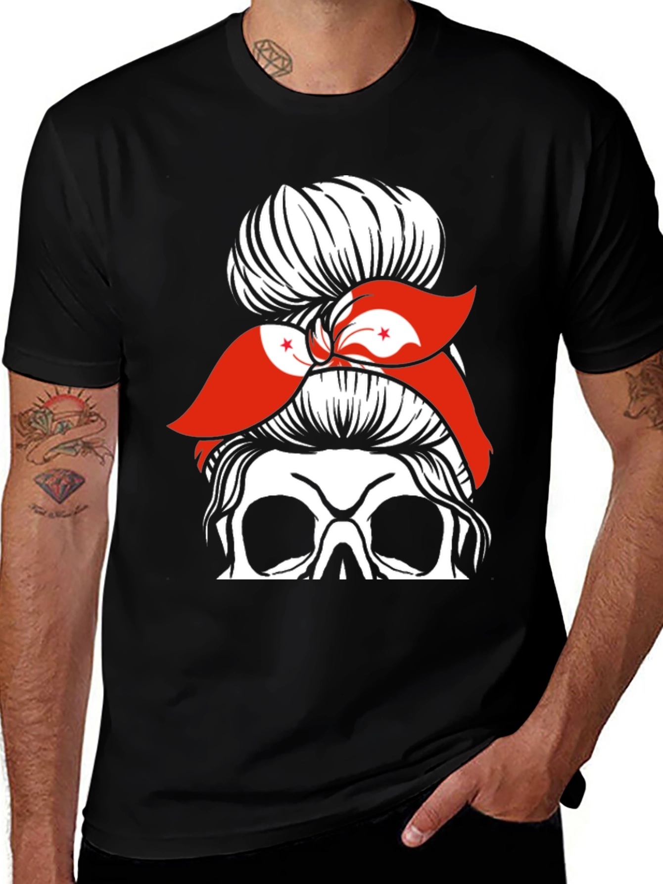 Variant 9 of Messy Bun Skull Hong Kong Flag Graphic Tee