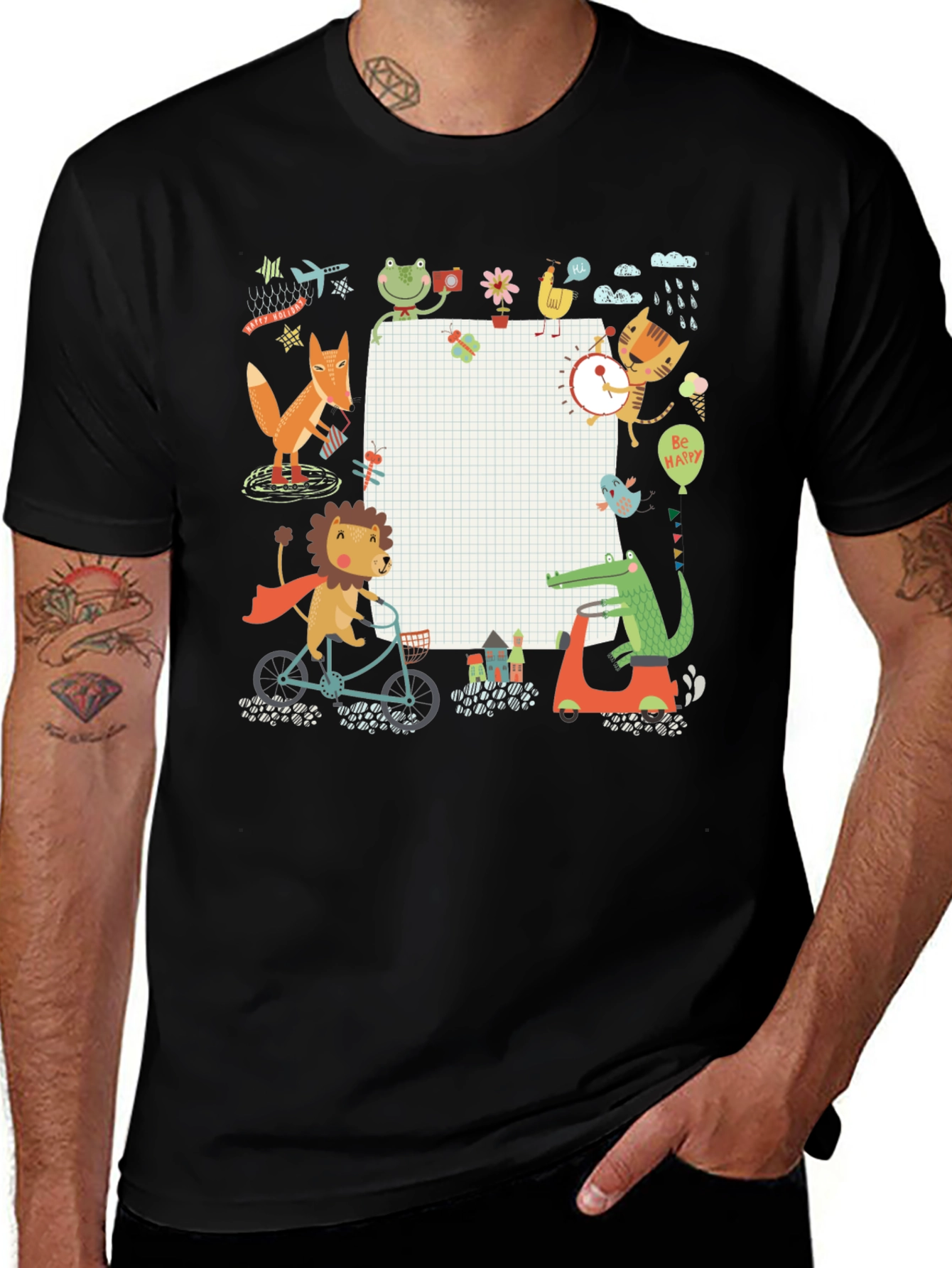 Variant 2 of Cute Cartoon Animals on Black T-Shirt