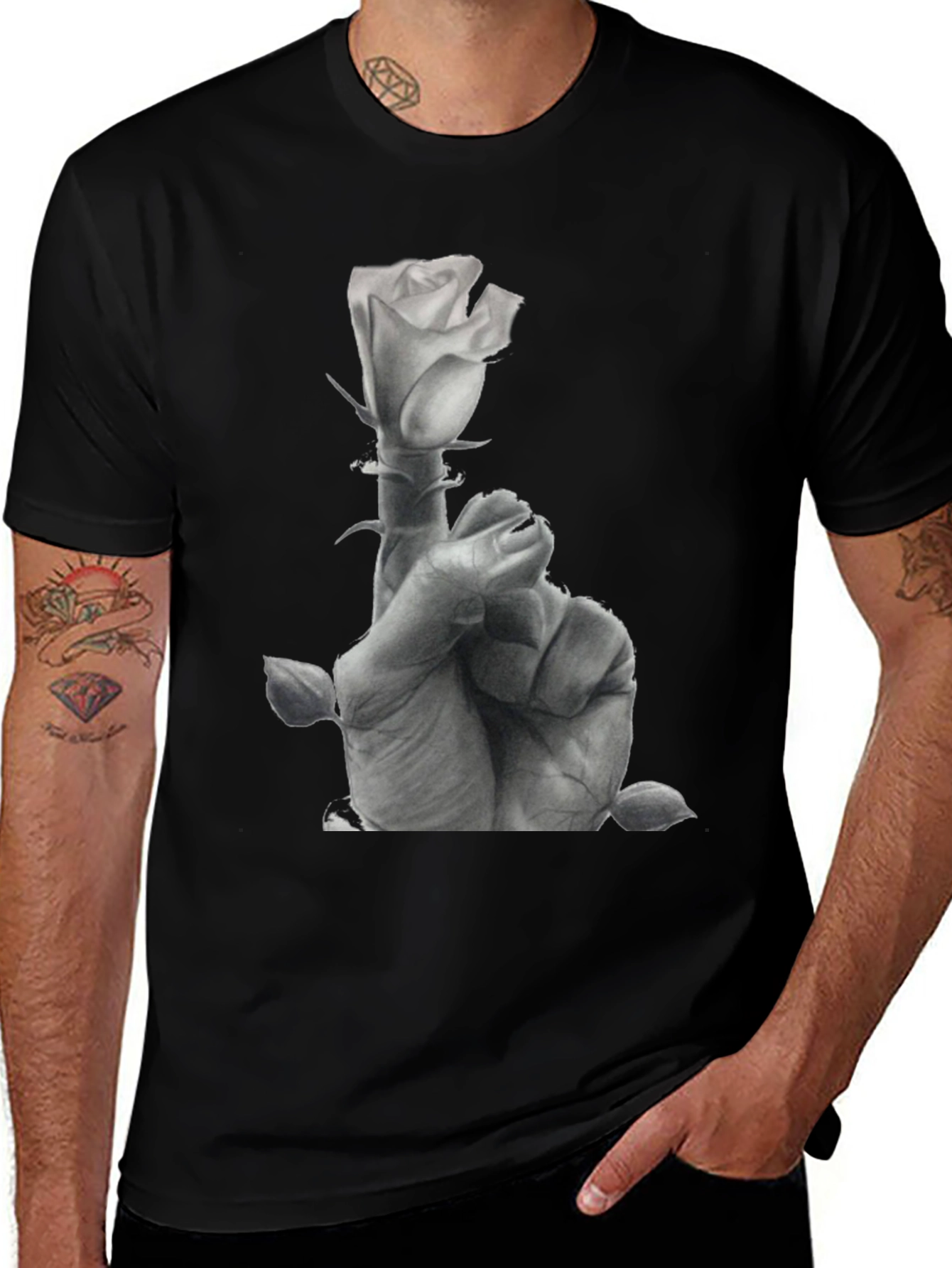 Variant 13 of Rose Hand Graphic Tee - Stylish Black Cotton T-Shirt