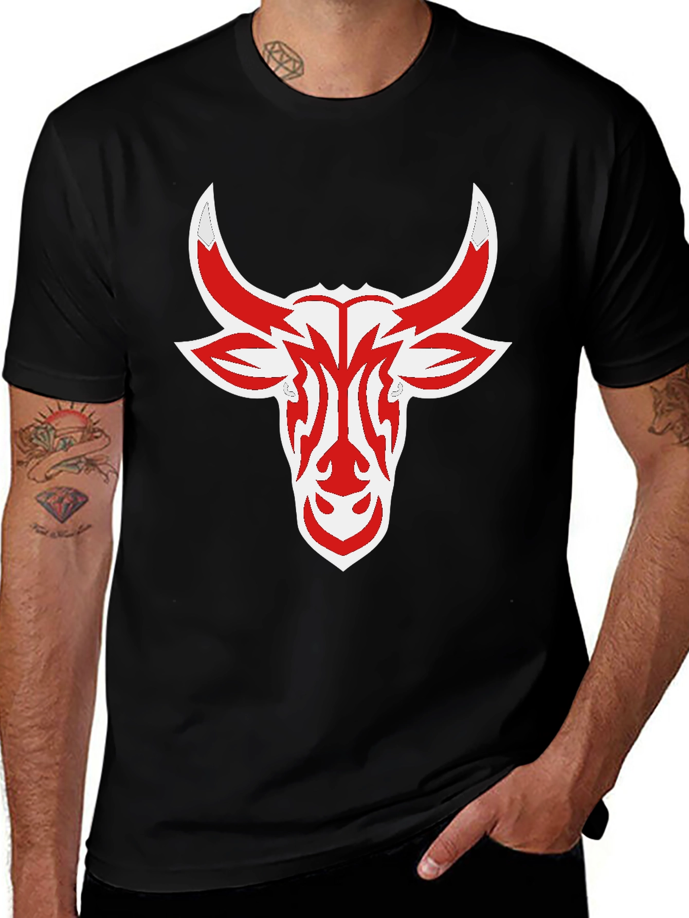 Variant 26 of Black Tee with Red Bull Head Design