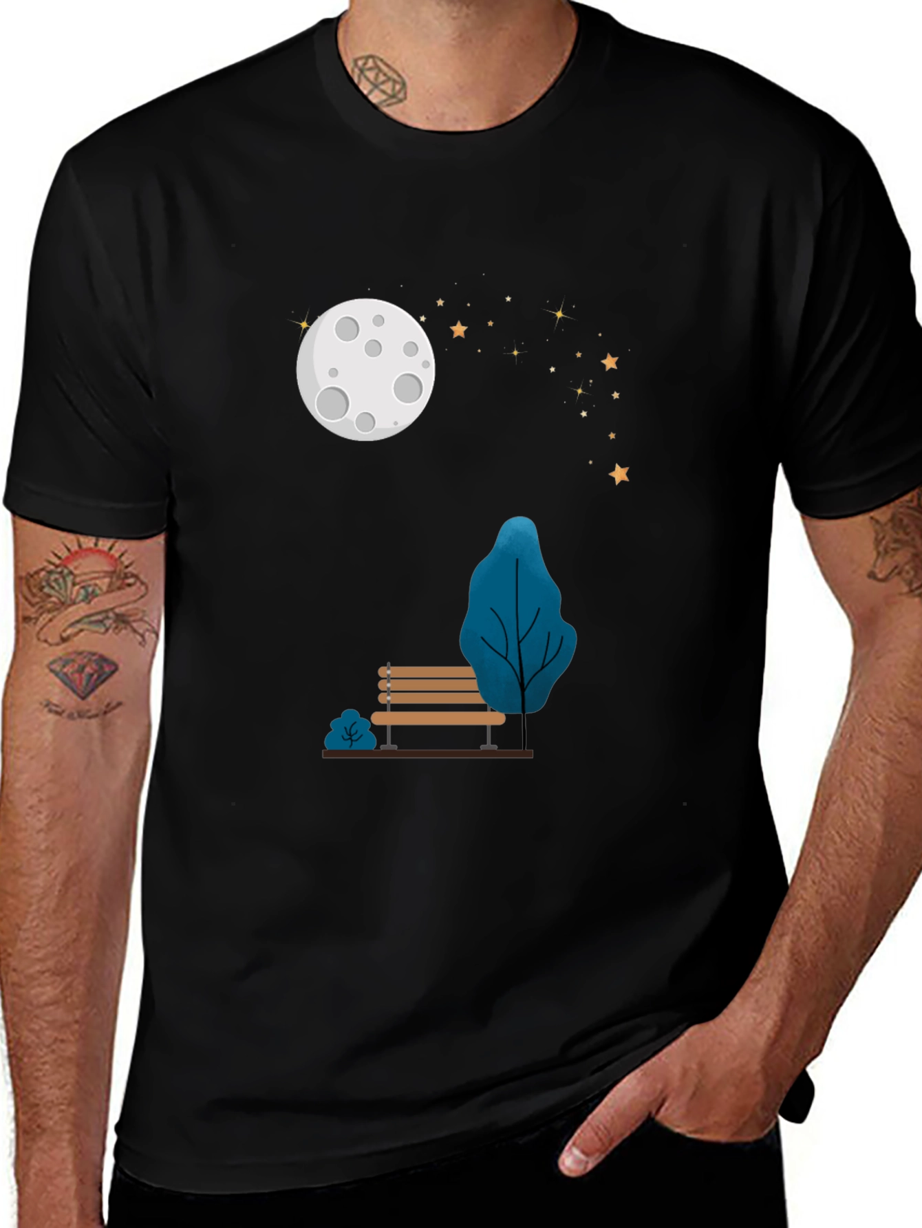 Moonlit Park Bench Graphic Tee - Black T-Shirt