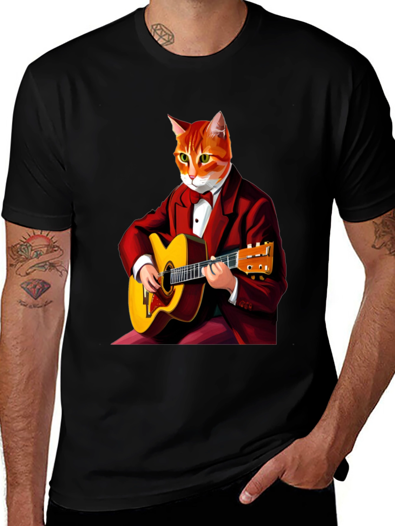 Variant 3 of Cat Guitarist Graphic Tee - Black Crew Neck