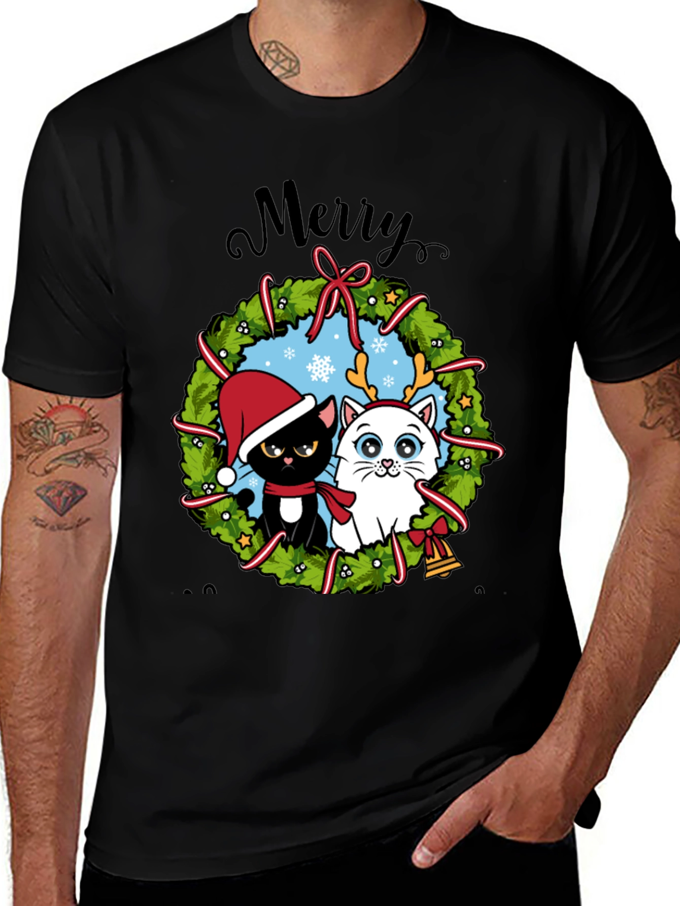 Variant 5 of Festive Cat Christmas Wreath T-Shirt