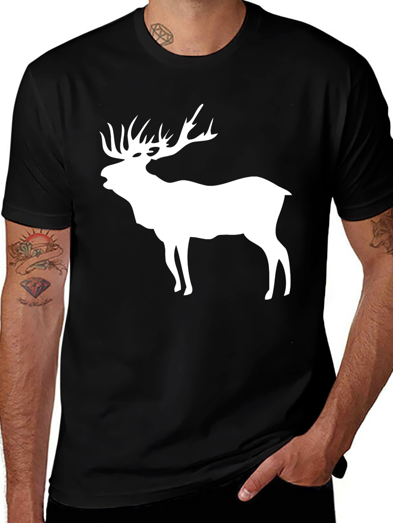 Variant 24 of Men's Black T-Shirt with White Elk Silhouette