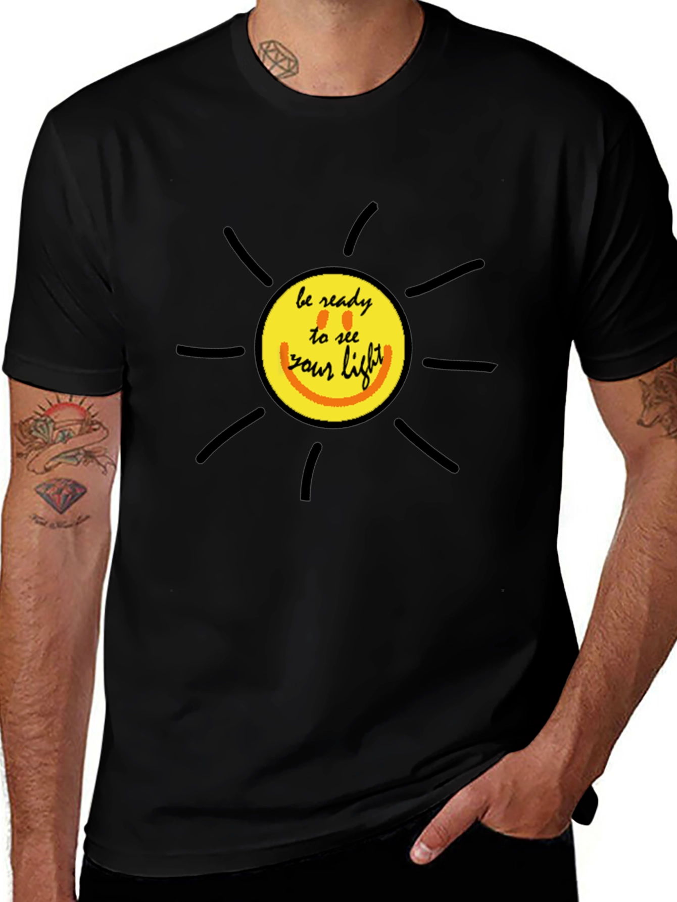 Variant 5 of Black T-Shirt with 'Be Ready to See Your Light' Sun Design
