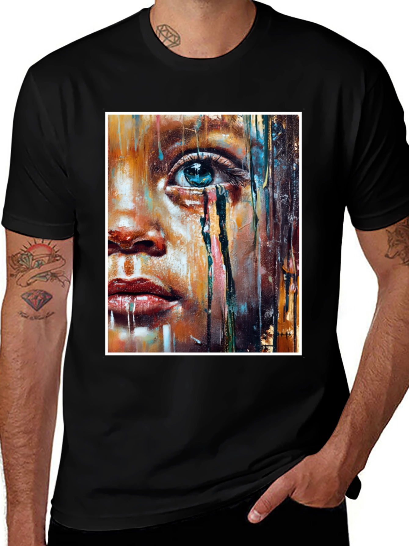 Black Artistic Teary Eye Graphic Black T-Shirt main image