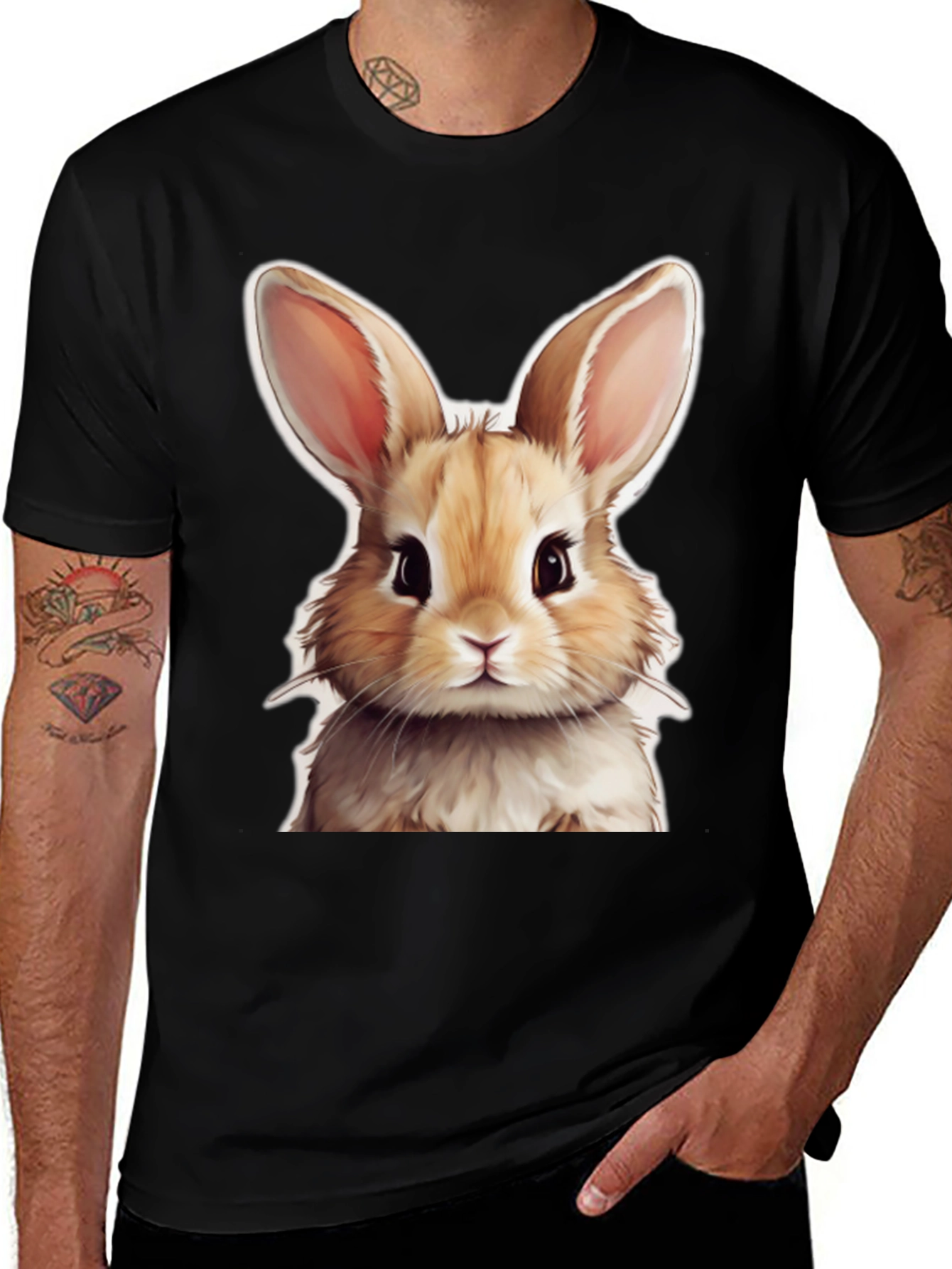 Cute Rabbit Graphic Tee - Black Cotton T-Shirt