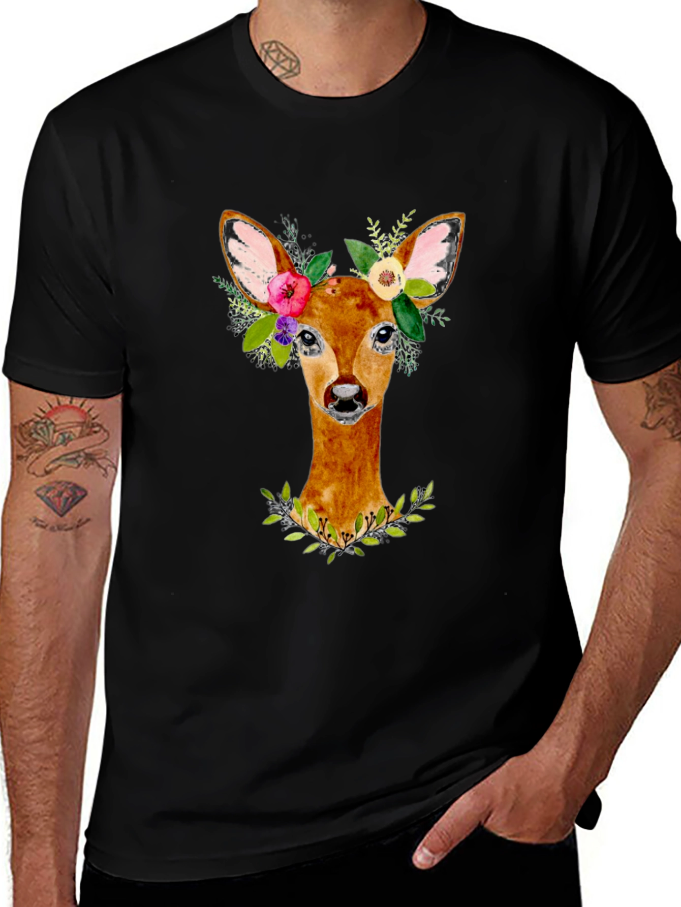 Variant 16 of Floral Deer Graphic Tee - Unisex Black T-Shirt