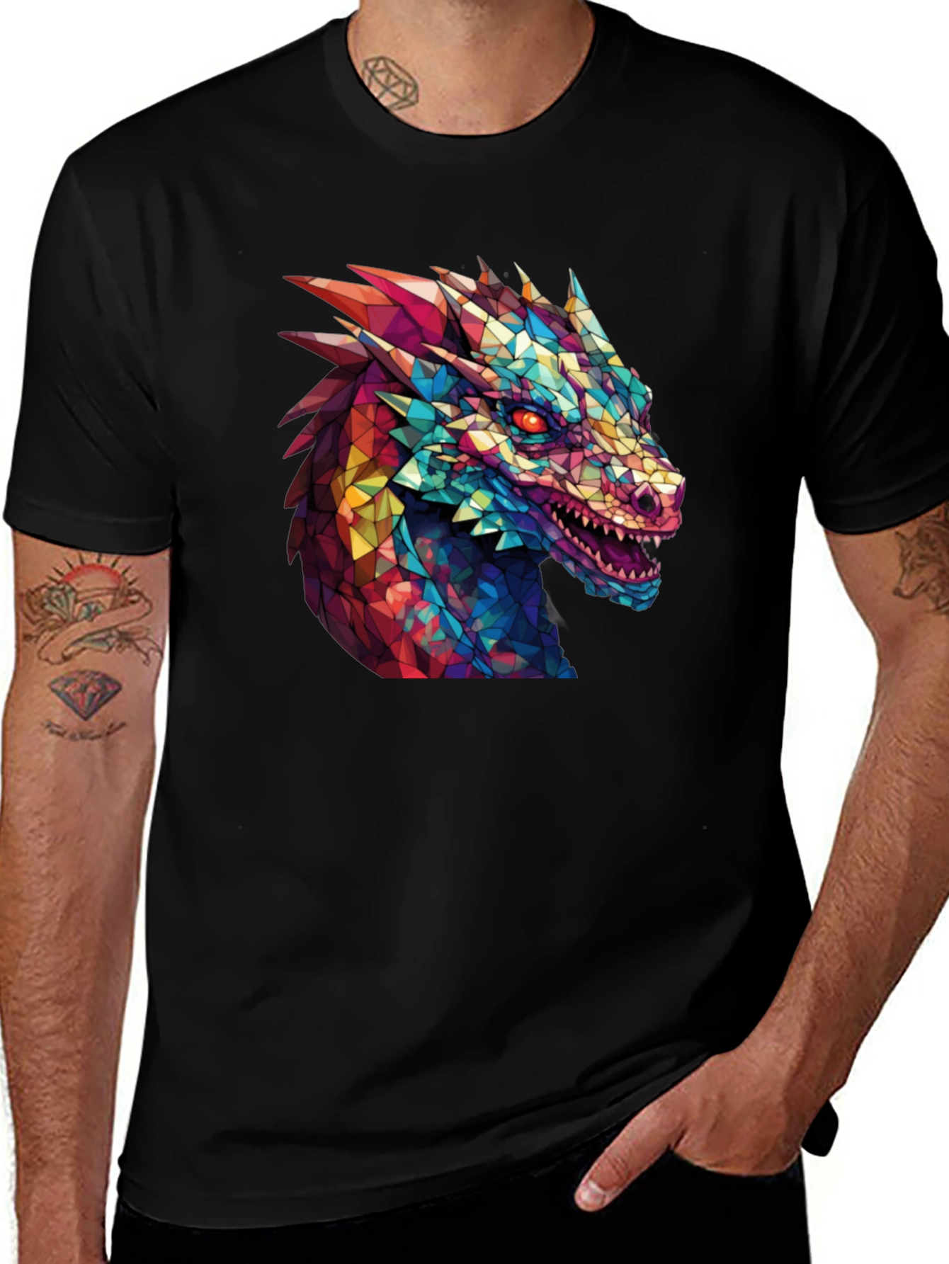 Variant 8 of Geometric Dragon Head Graphic Black T-Shirt