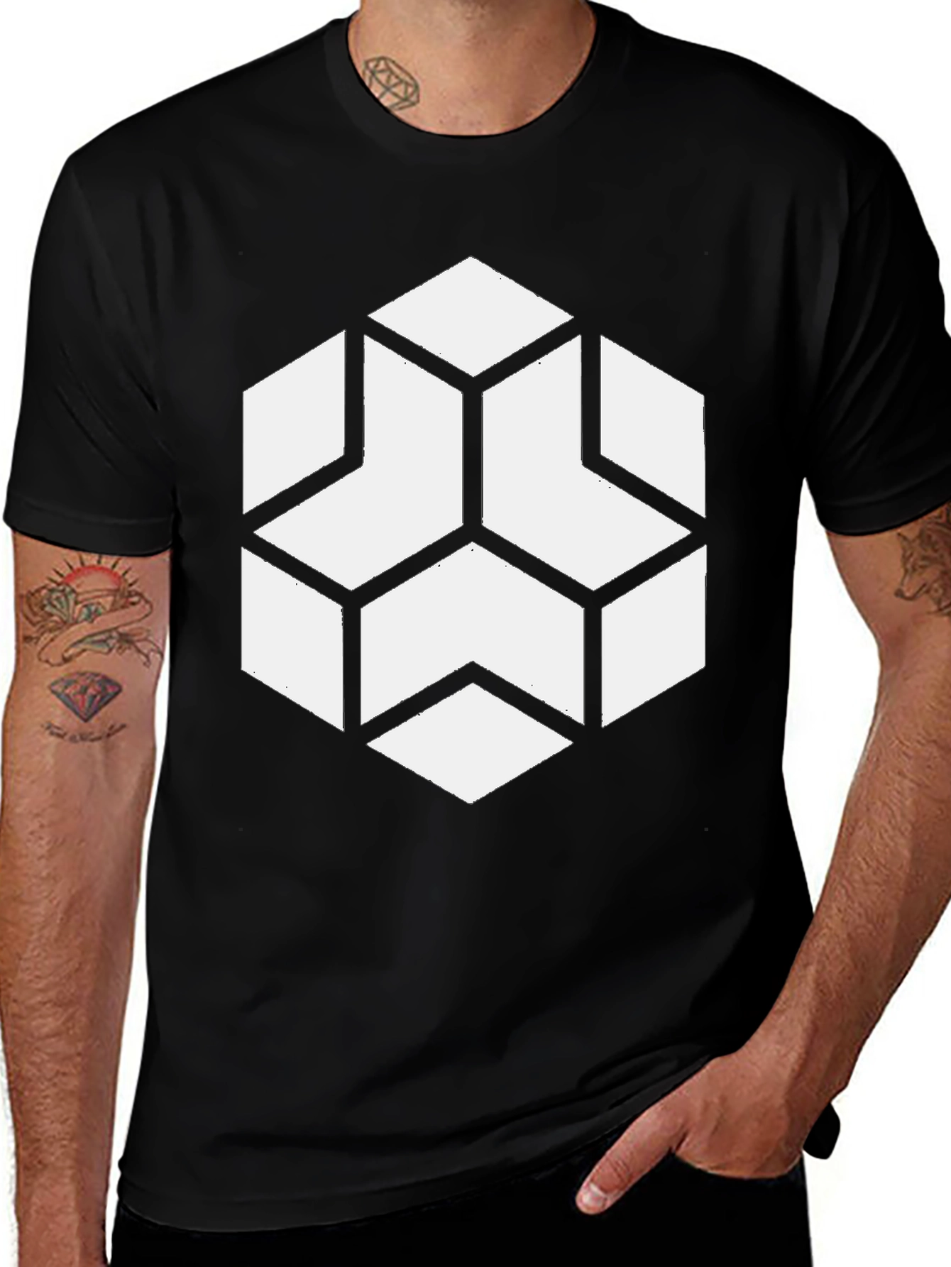 Geometric Cube Design Black T-Shirt