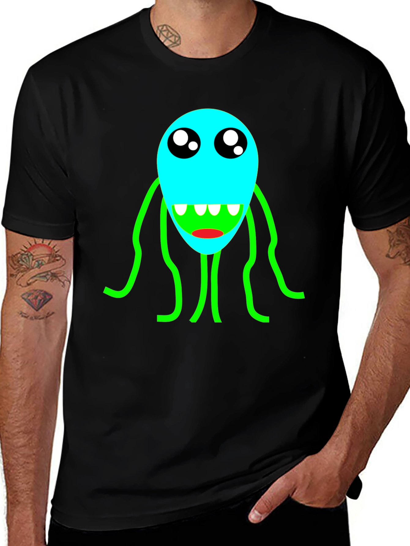 Variant 27 of Cartoon Monster Graphic T-Shirt - Black Crew Neck Tee