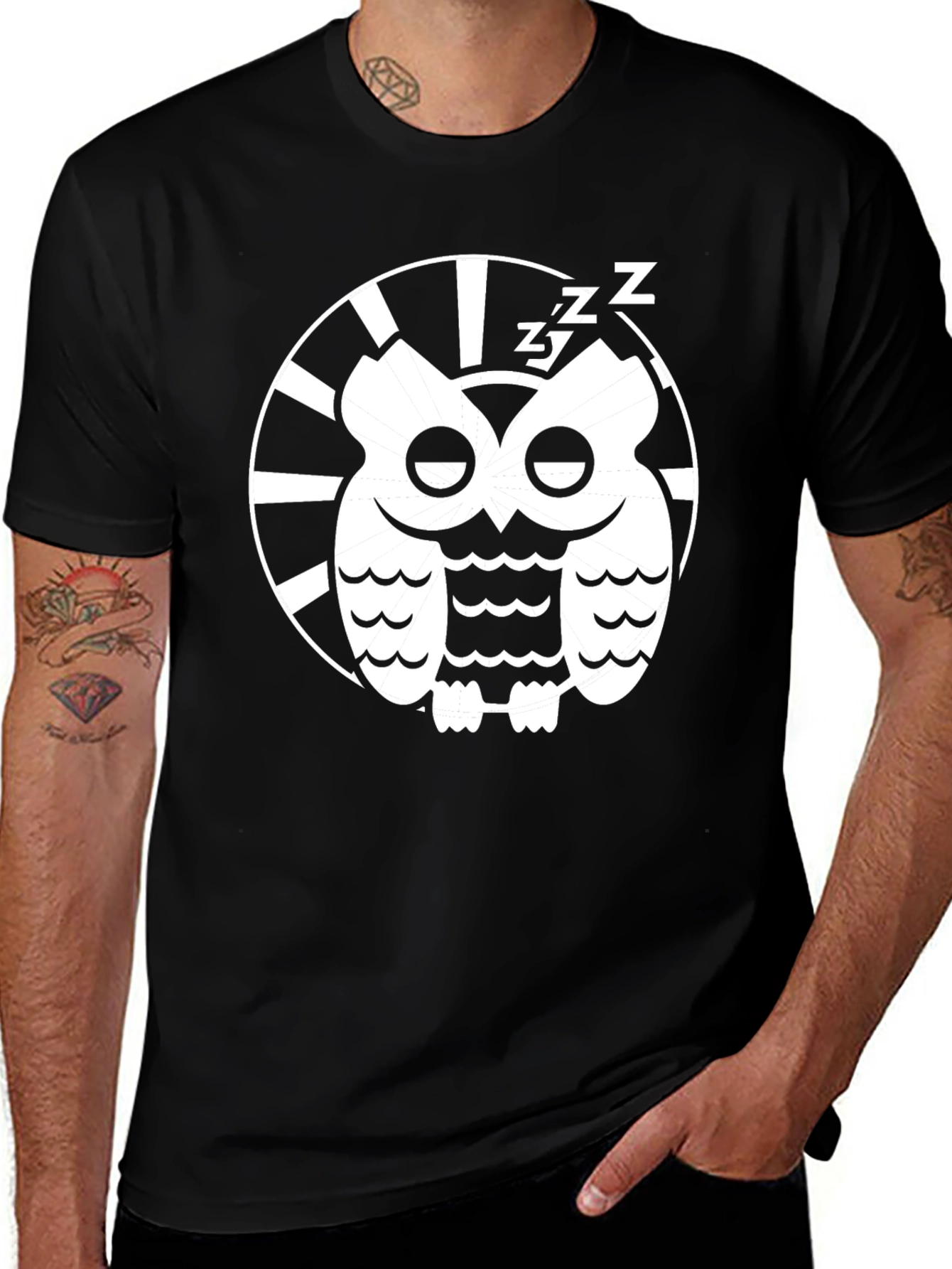 Variant 29 of Sleepy Owl Graphic Tee - Black Cotton T-Shirt