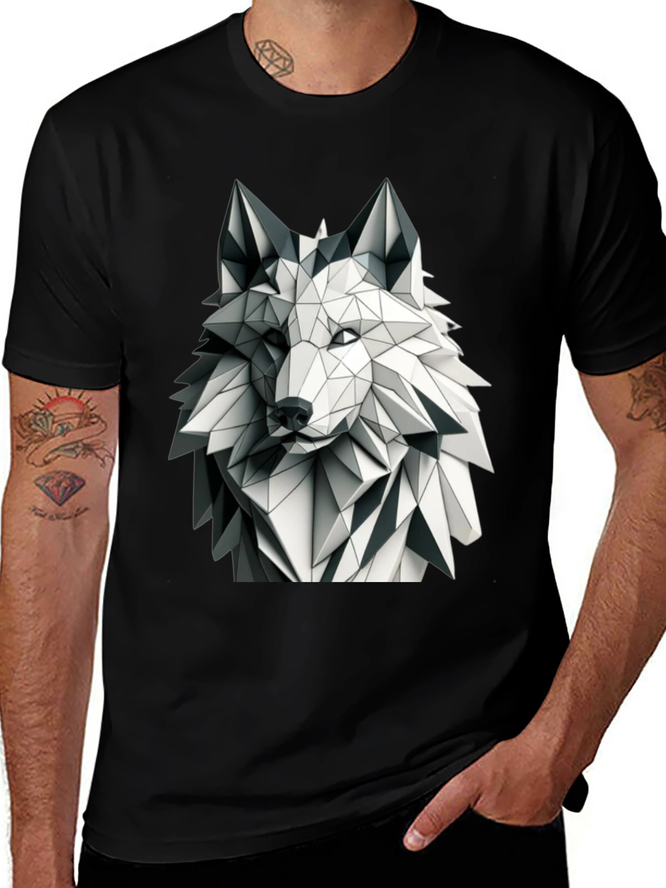 Variant 29 of Geometric Wolf Head Graphic Tee - Stylish Men's Shirt
