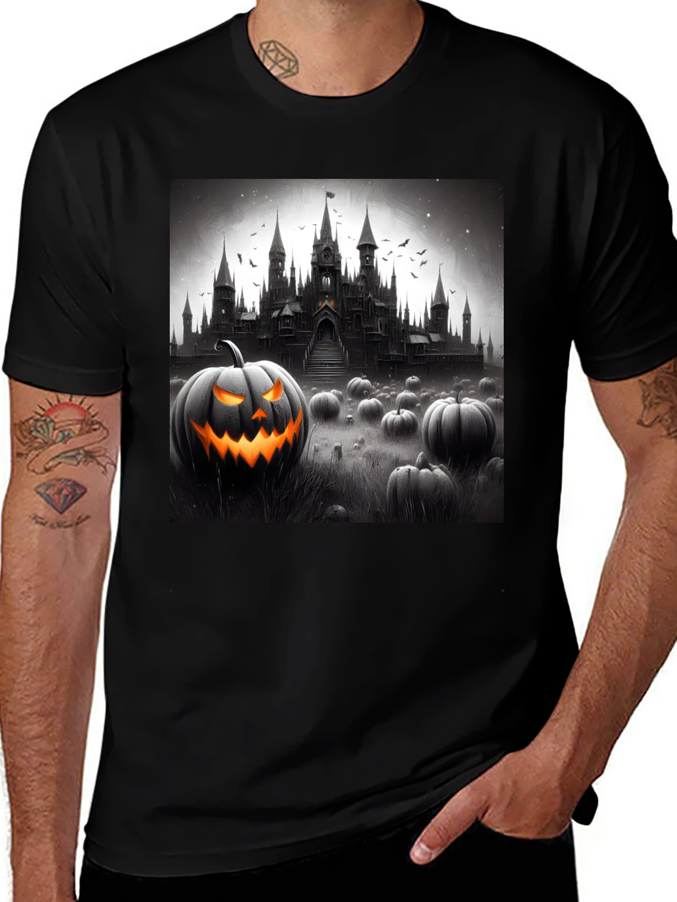 Halloween Castle Pumpkin Patch Black T-Shirt