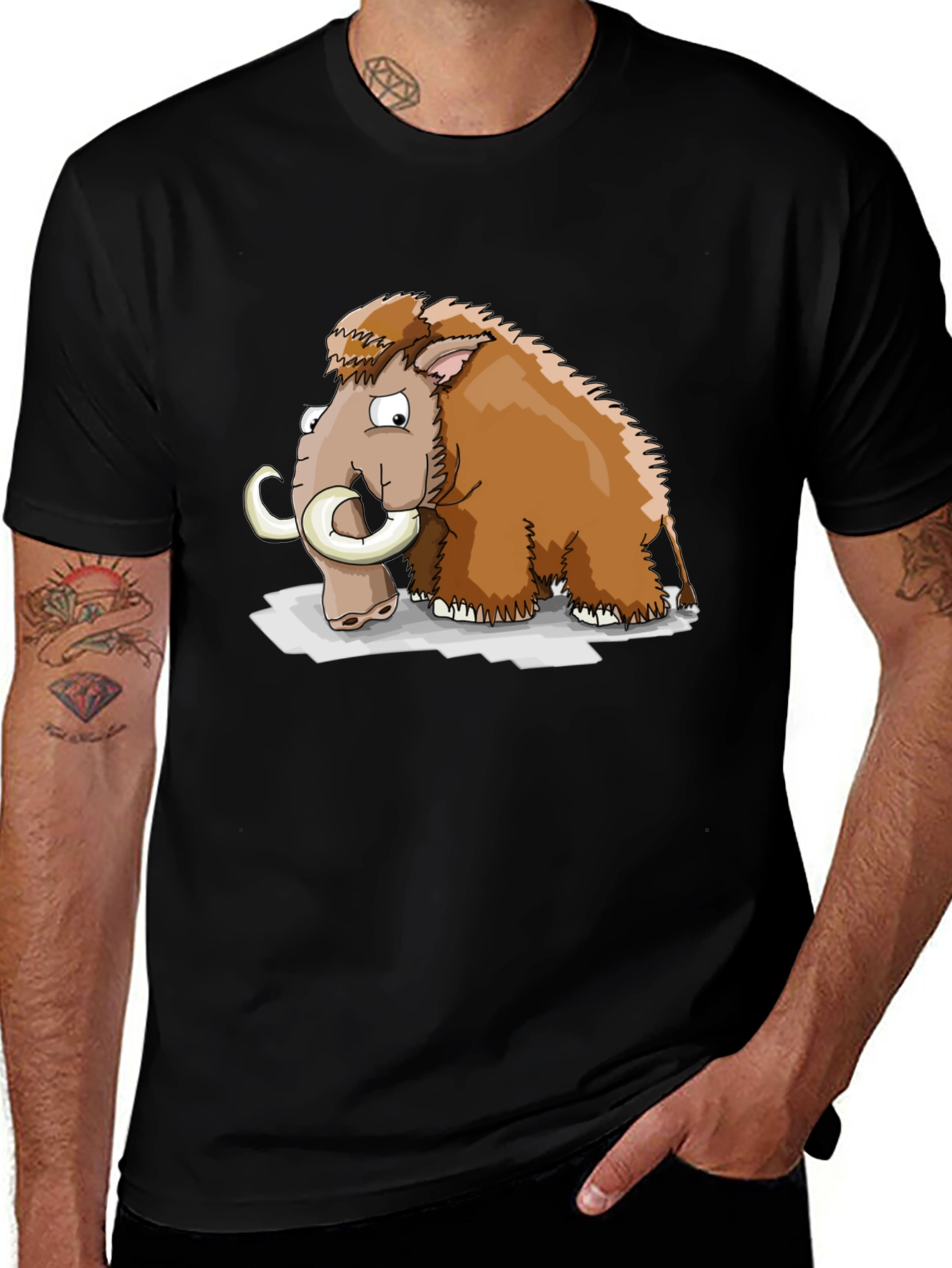 Variant 12 of Cartoon Mammoth Graphic Tee - Black Cotton T-Shirt