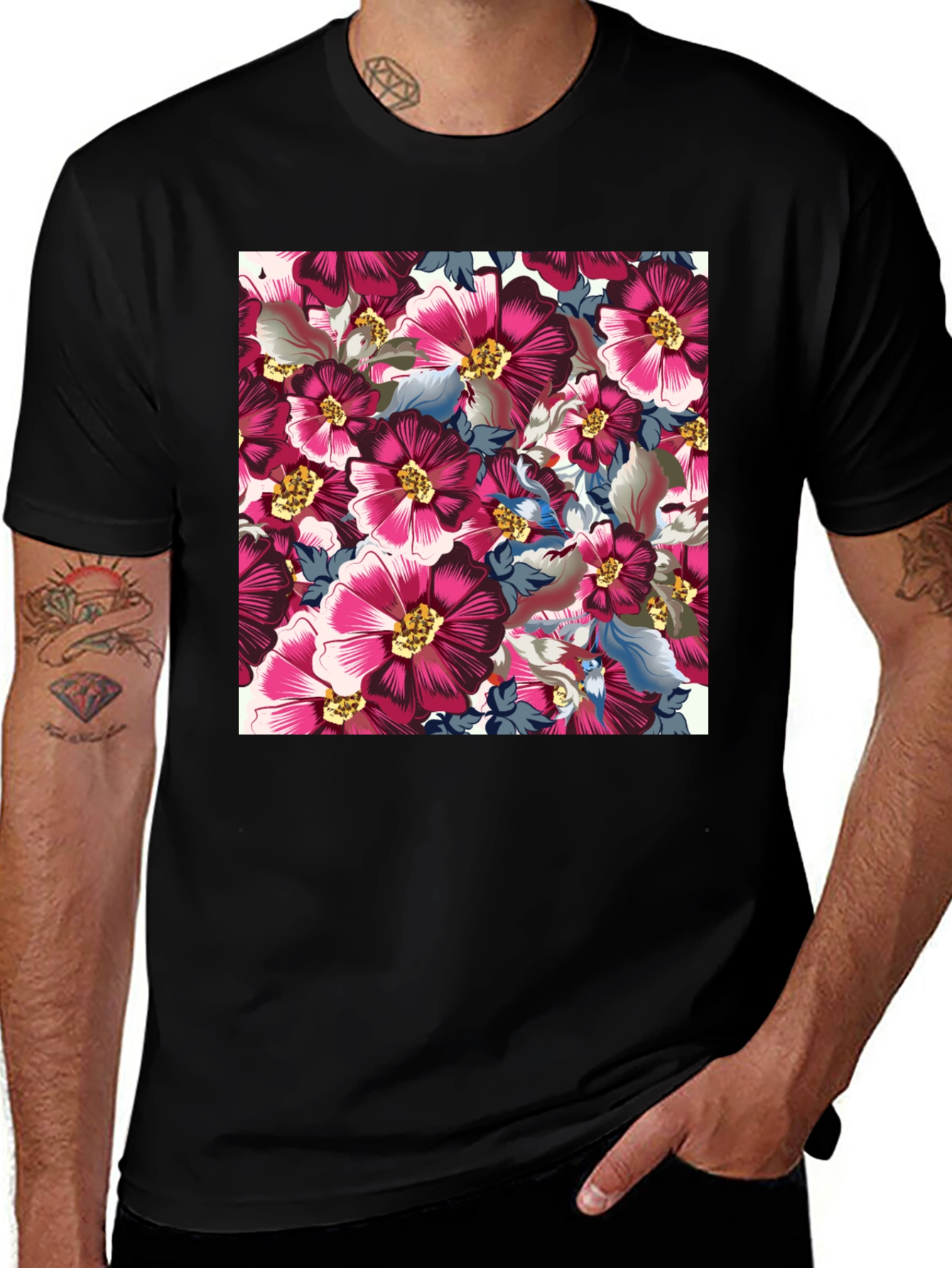 Variant 9 of Floral Print Men's Black T-Shirt