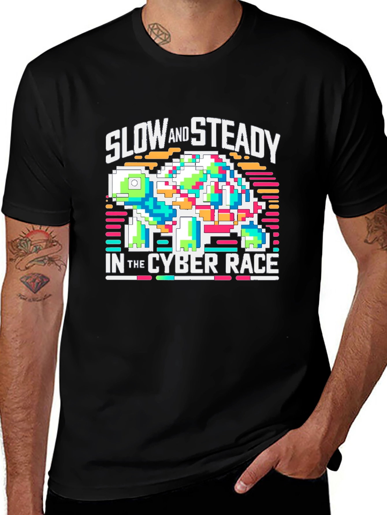 Variant 28 of Slow and Steady Cyber Race T-Shirt - Pixel Turtle