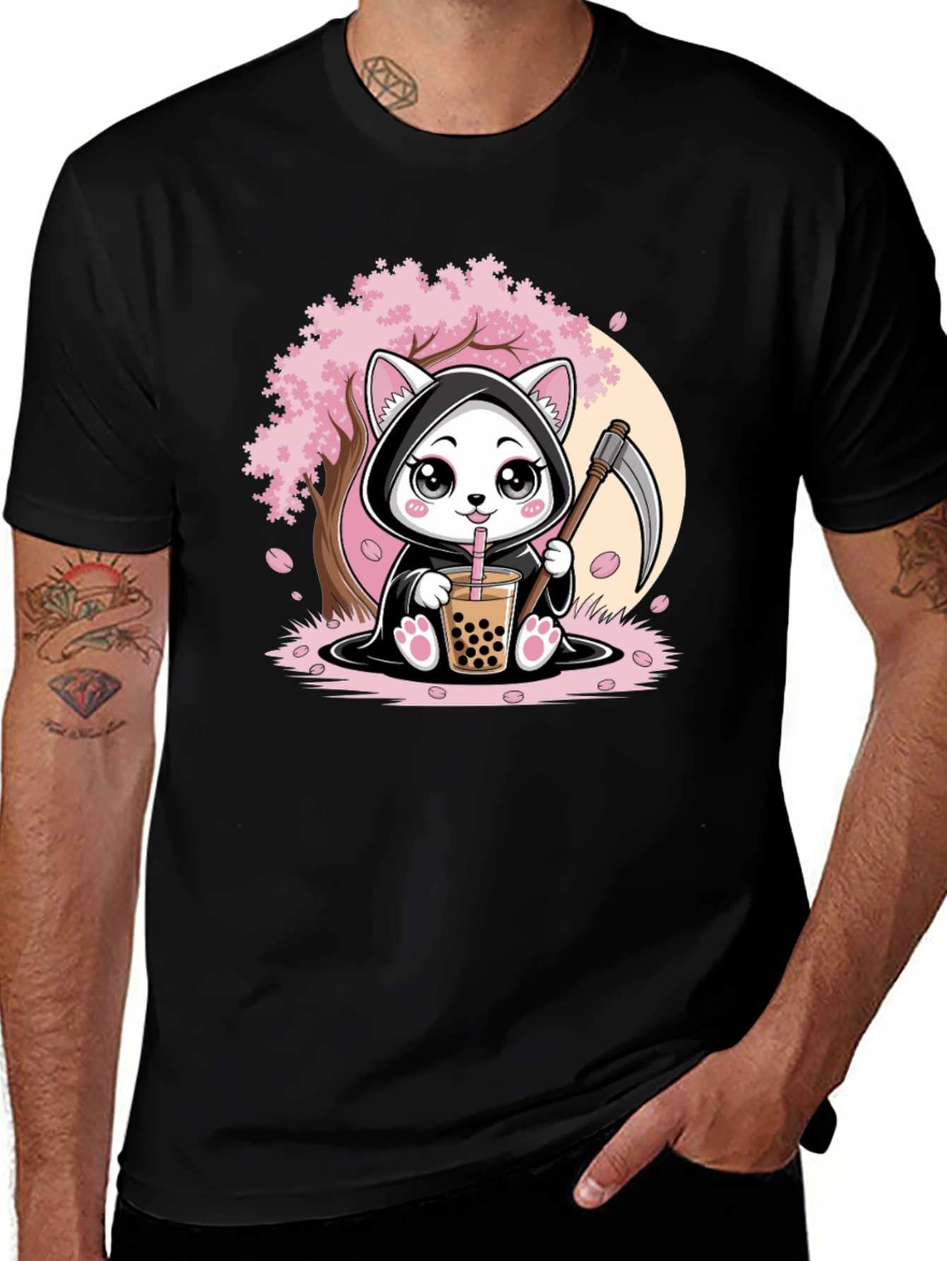 Variant 9 of Grim Reaper Cat T-Shirt - Bubble Tea & Sakura