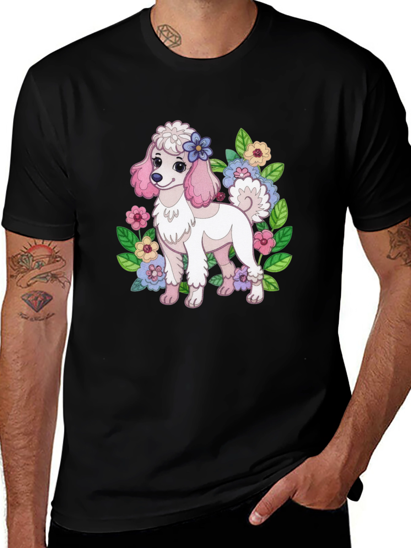 Poodle Flowers Graphic Tee - Black T-Shirt