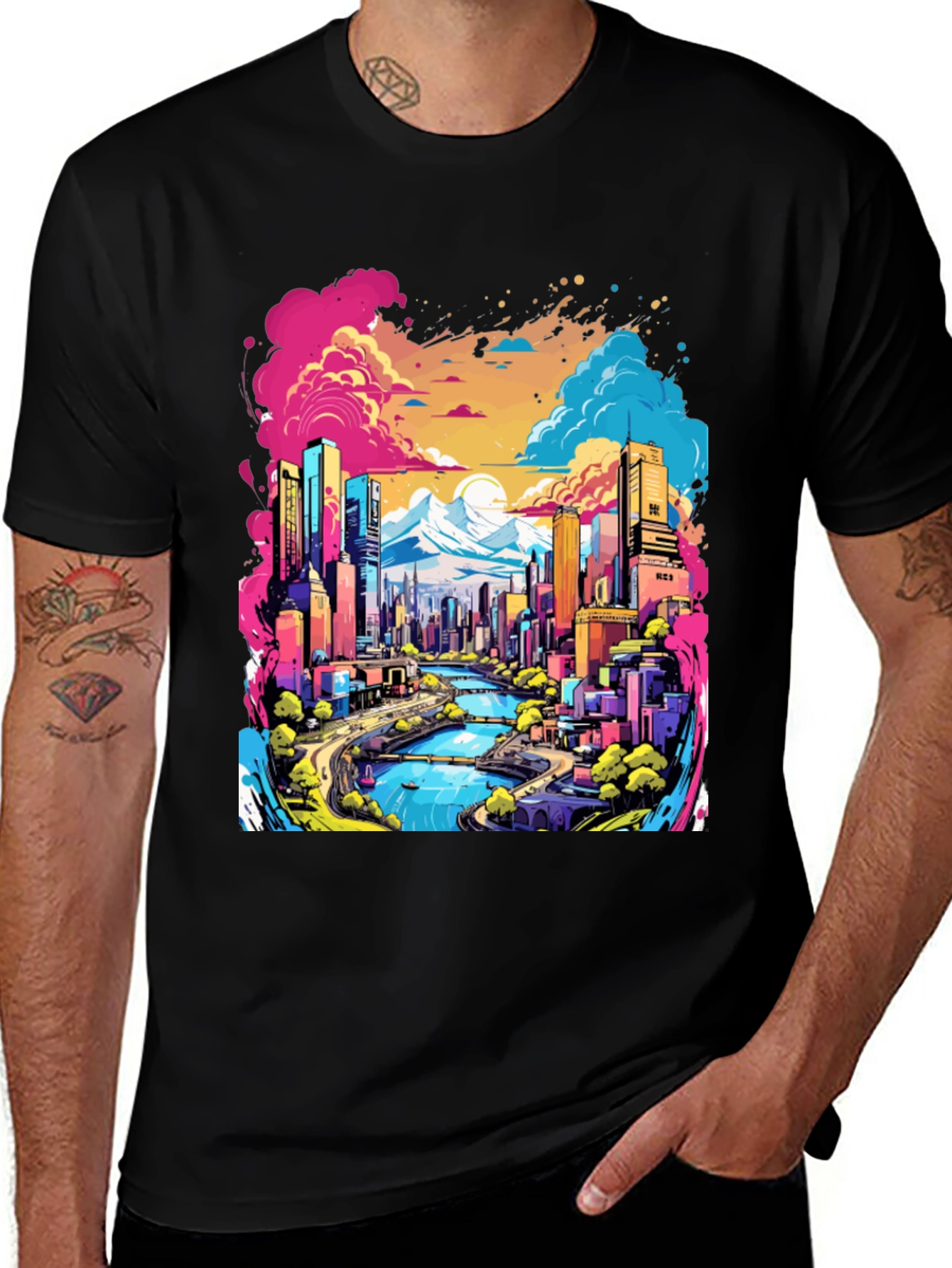 Vibrant Cityscape Graphic Tee - Cool Urban Design