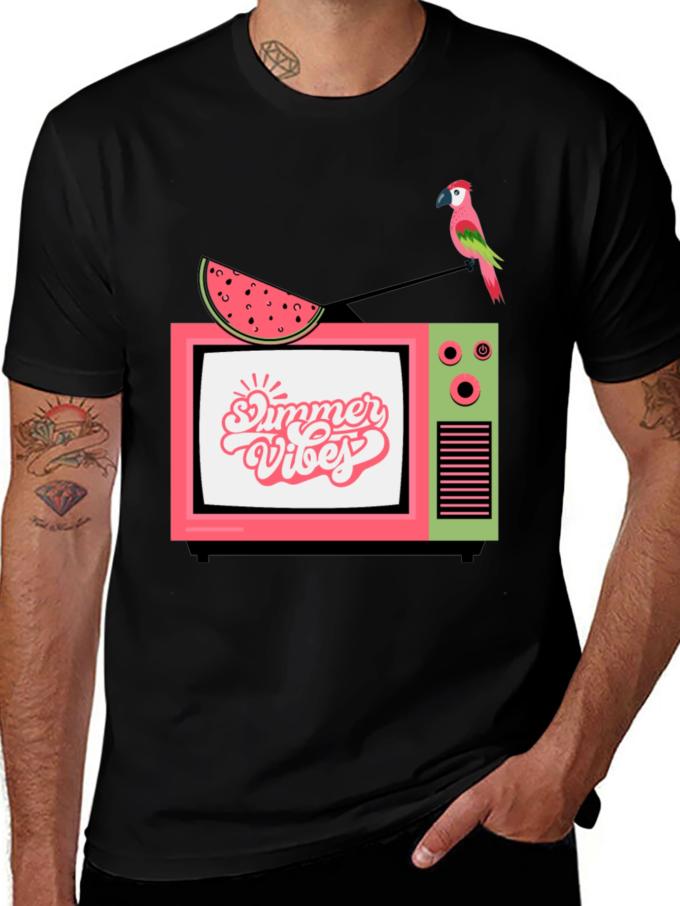 Summer Vibes Retro TV Graphic Tee - Parrot & Watermelon Design