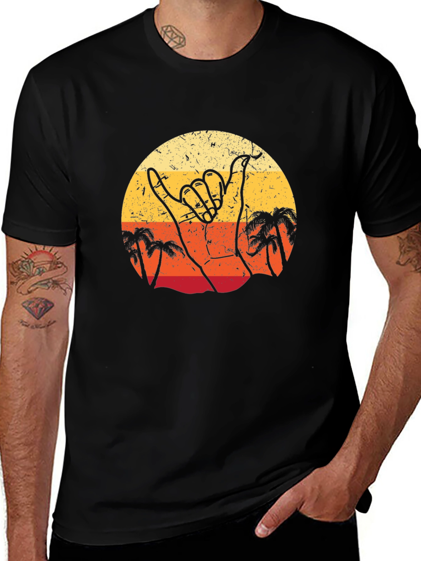 Variant 22 of Retro Shaka Hand Palm Tree Sunset Black T-Shirt