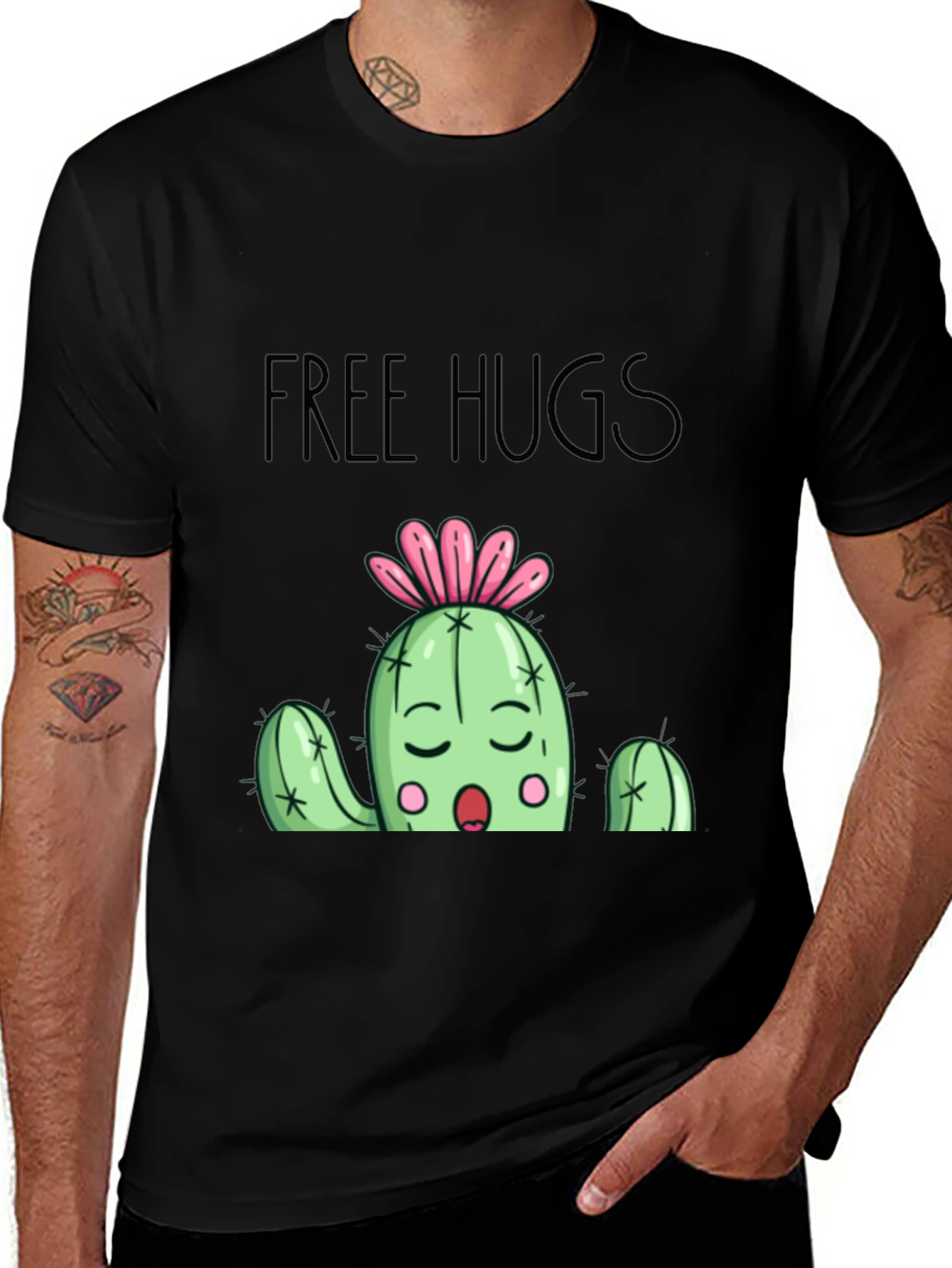 Variant 3 of Free Hugs Cactus Graphic T-Shirt - Black Cotton Blend