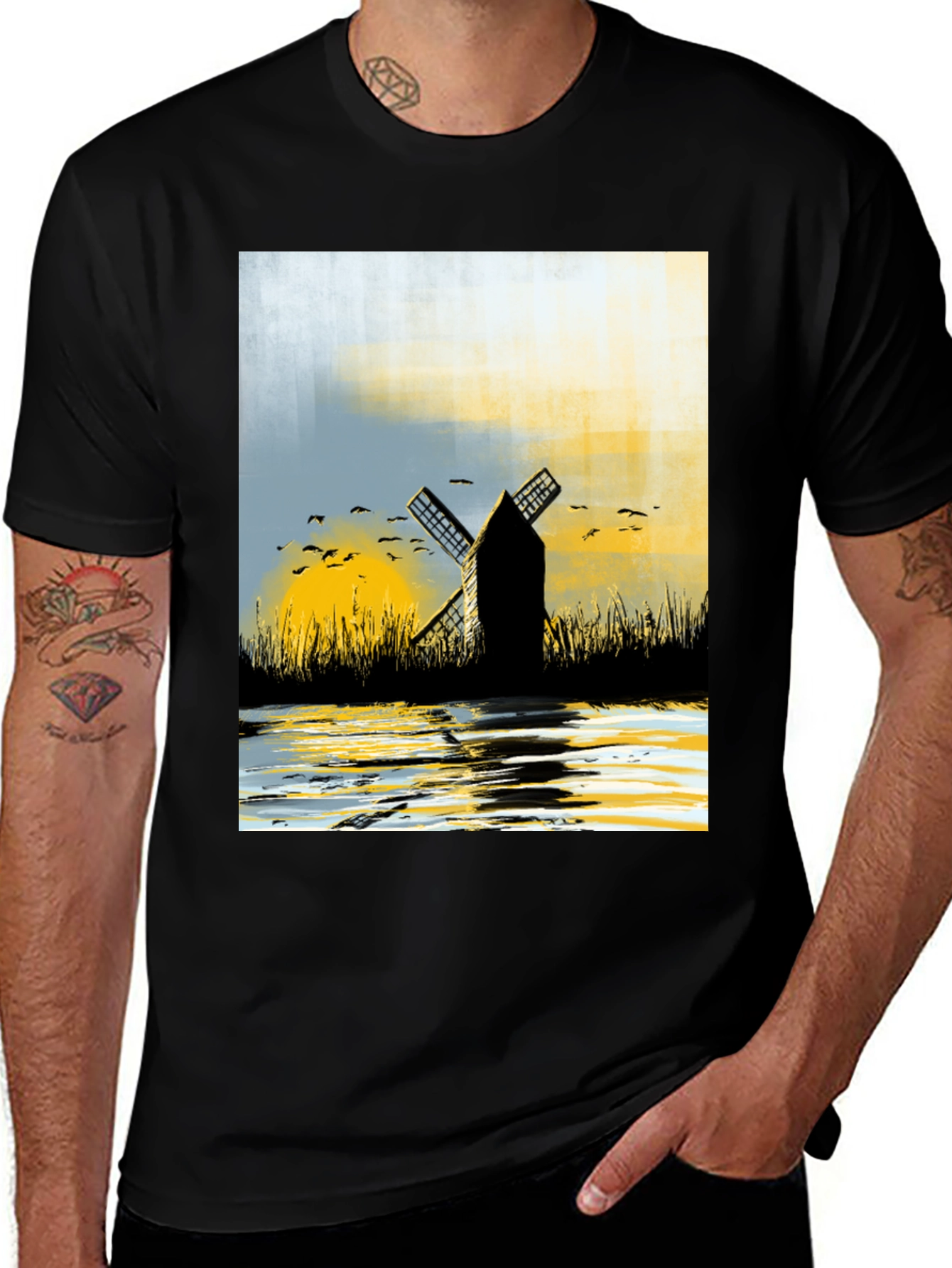 Variant 12 of Windmill Graphic Tee - Artistic Black T-Shirt