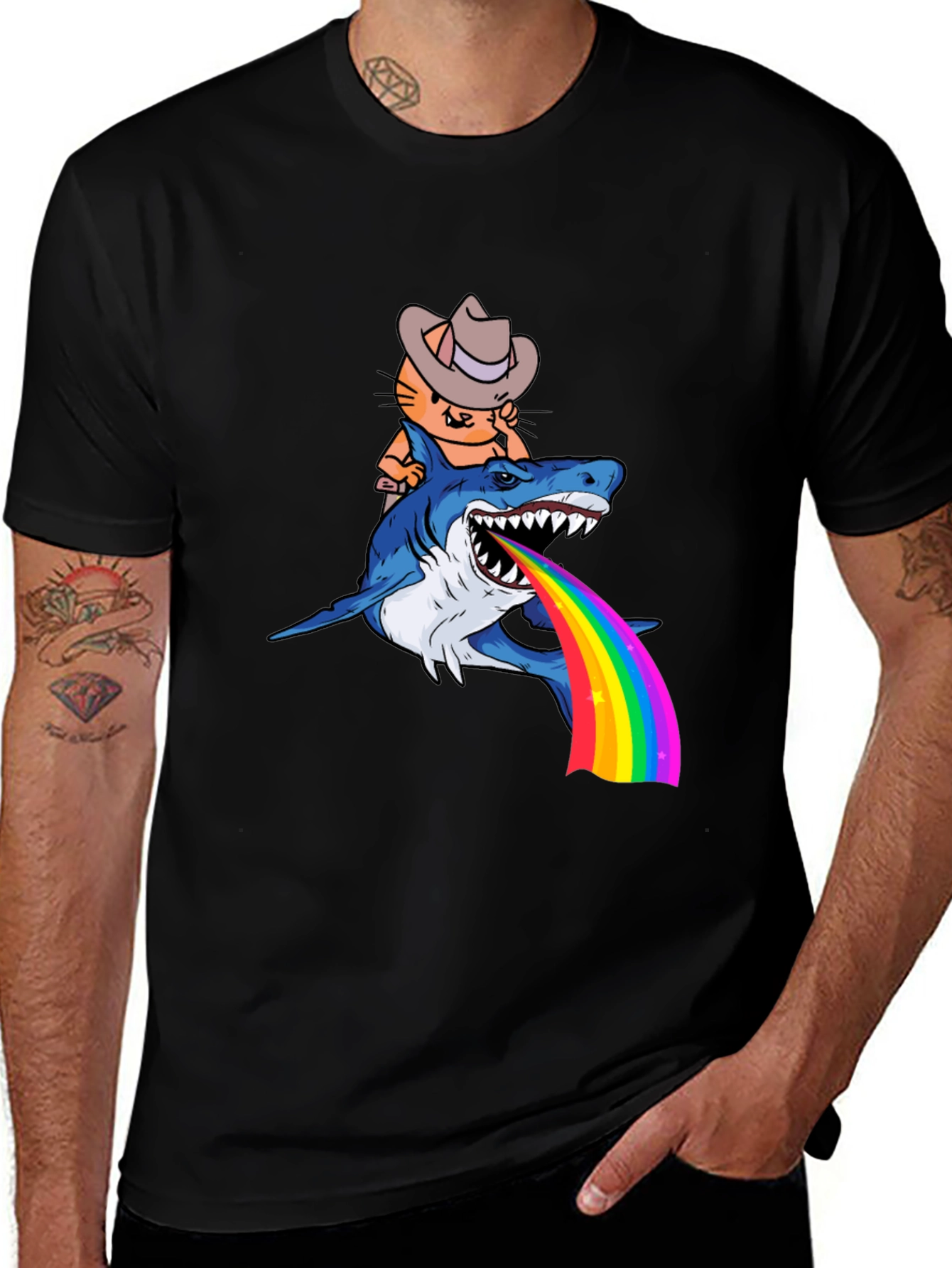 Variant 29 of Cat Riding Shark Rainbow Puke T-Shirt