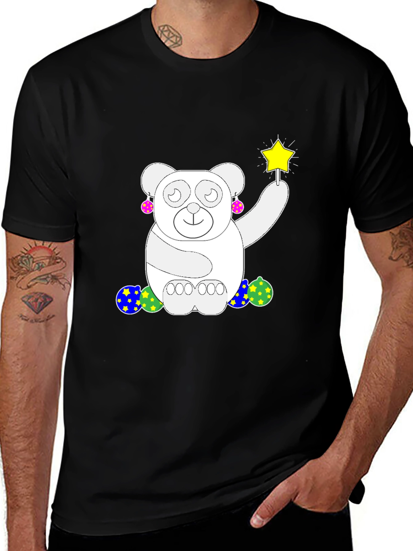 Variant 7 of Whimsical Bear Graphic Tee - Black Cotton Comfort