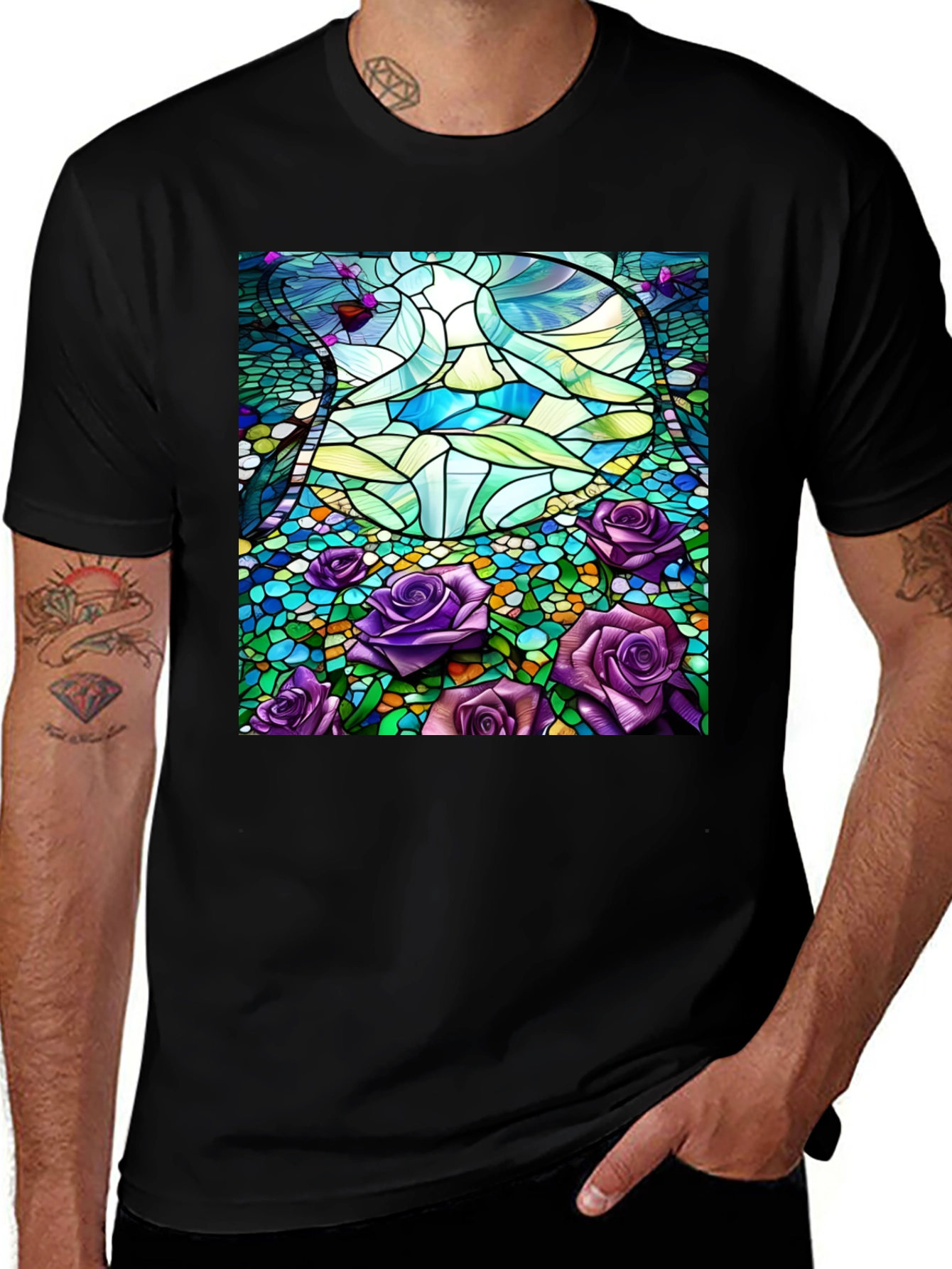 Stained Glass Roses Graphic Tee - Modern Art Shirt