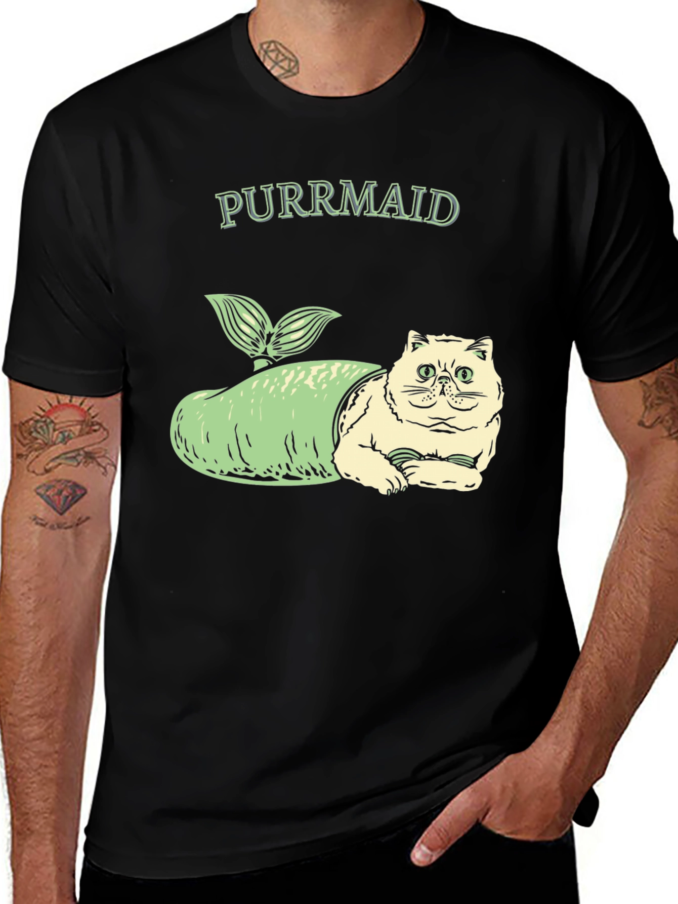 Variant 20 of Purrmaid Cat T-Shirt - Black Cotton Tee