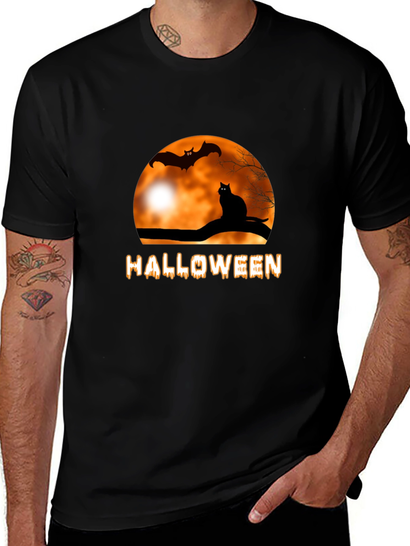 Halloween Black Cat & Bat Graphic Tee