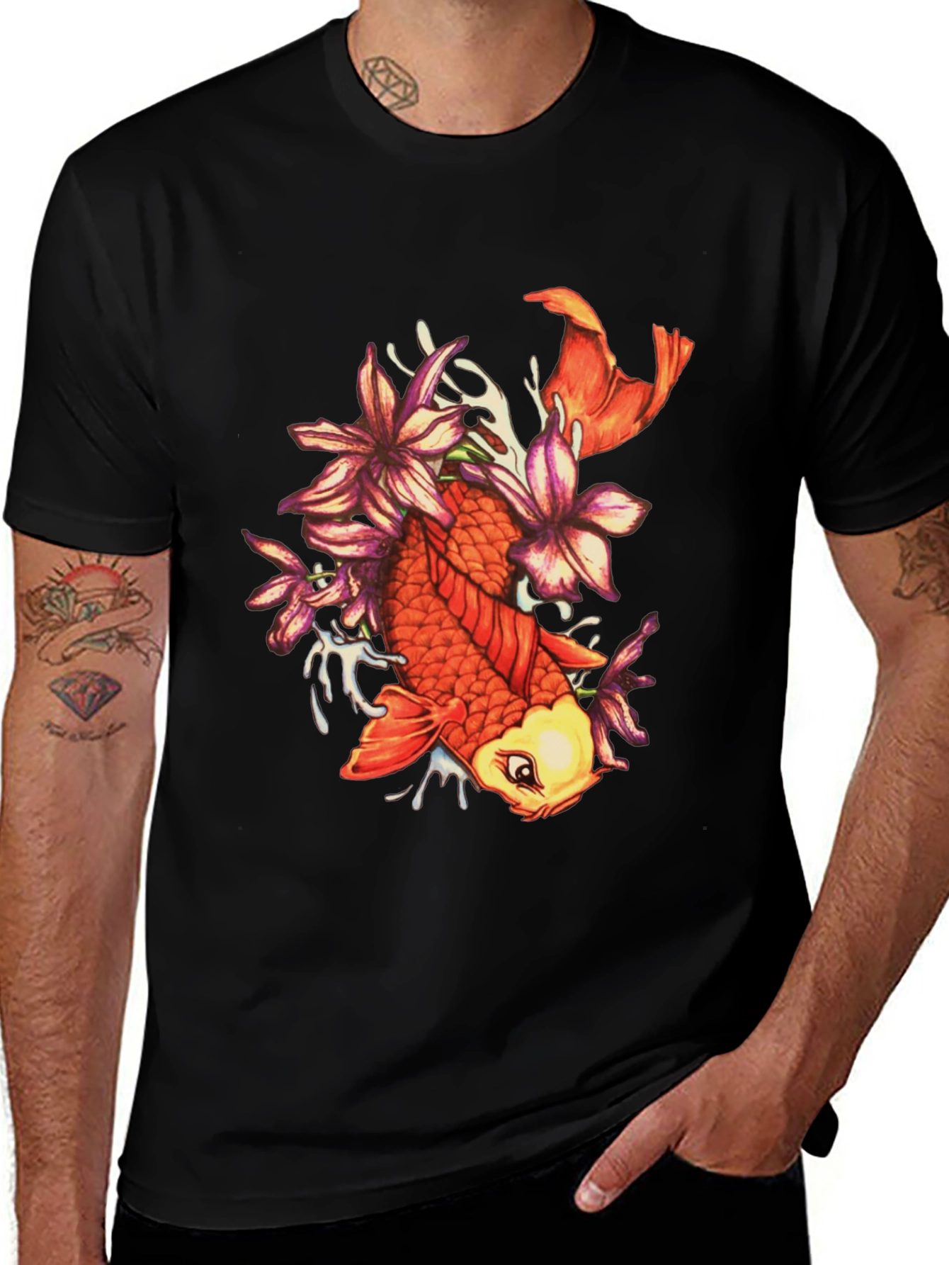 Variant 12 of Koi Fish Floral Graphic Tee - Stylish Black T-Shirt